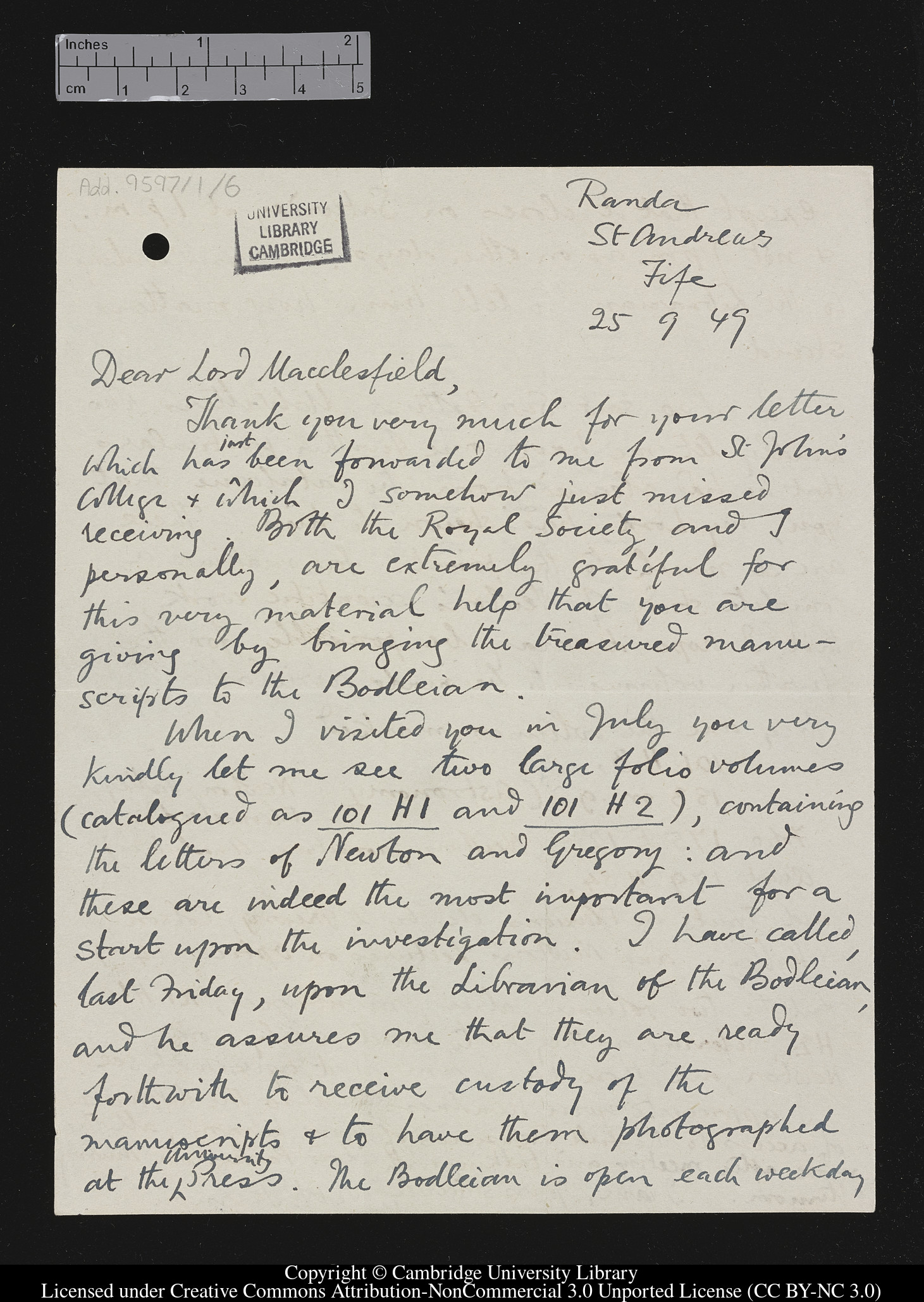 Letter to Lord Macclesfield from H.W. Turnbull