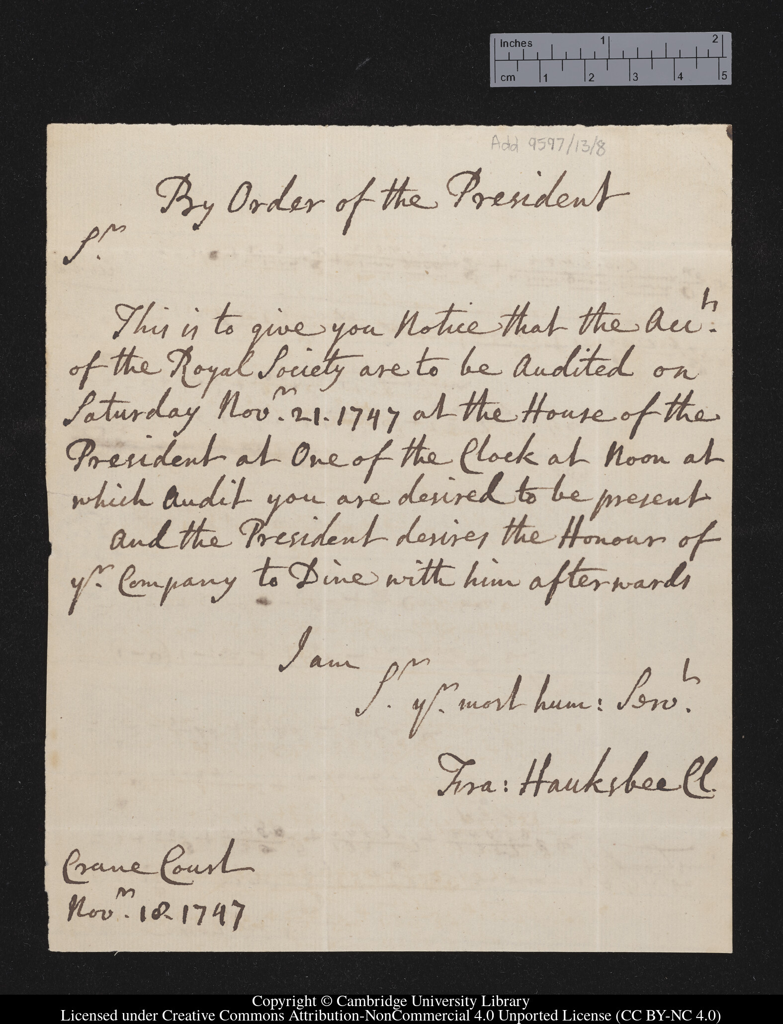 Letter from Francis Hauksbee the younger, probably to William Jones
