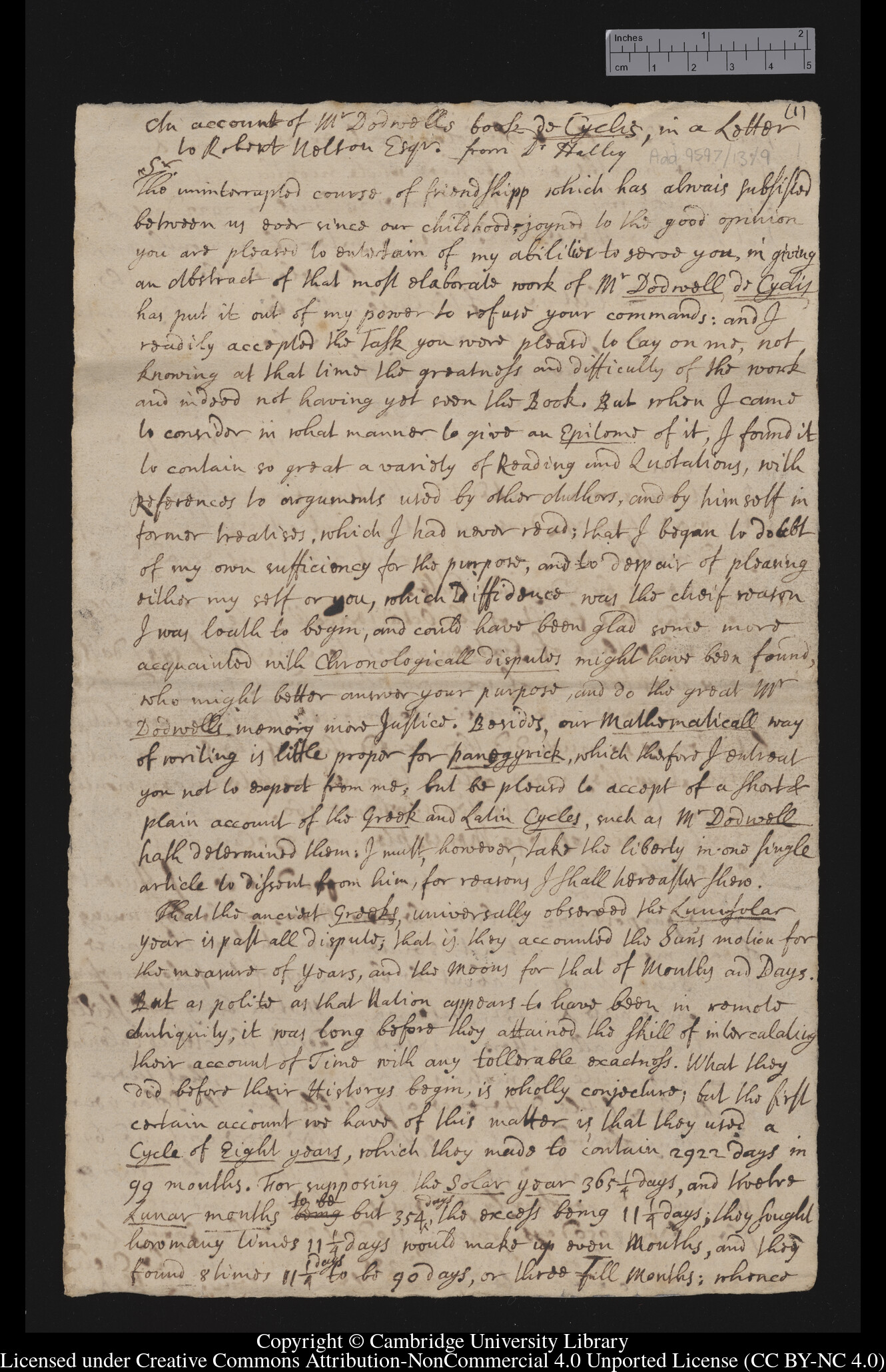 An account of Mr Dodwells book de Cyclis, in a Letter to Robert Nelson Esqr. From Dr Halley
