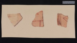 Drawing of 3 sherds of a kylix (?) and 2 inscribed stirrup jars, depicting Linear B