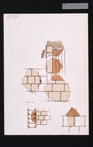 Drawings of fresco fragments decorated with designs of buildings and heads/horses