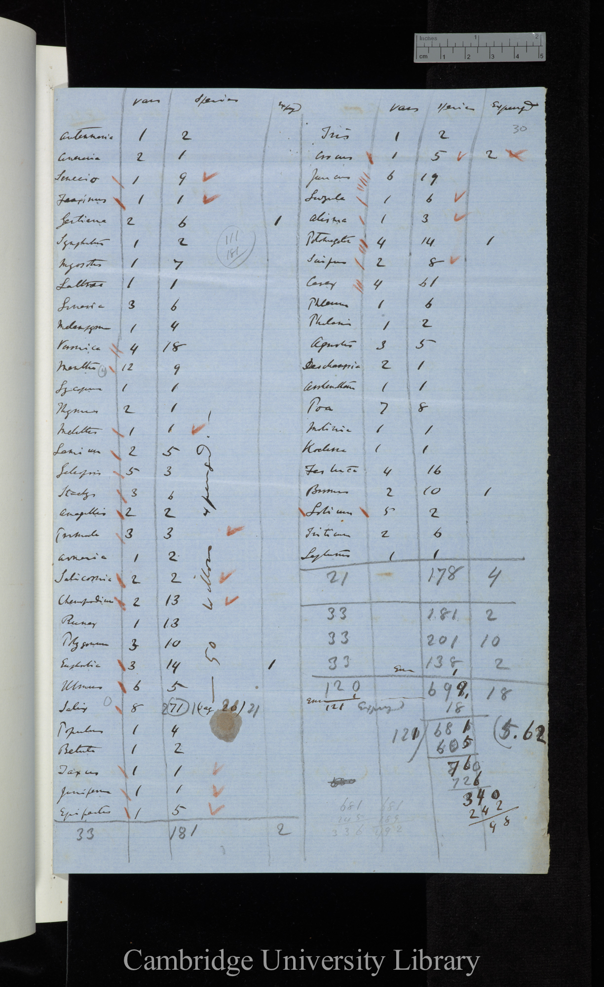 Vars / Species / expunged / (table drawn from) A Catalogue of British Plants by Rev J S Henslow 1835