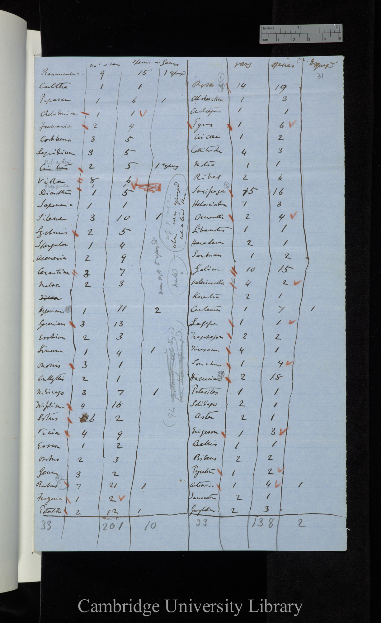 Vars / Species / expunged / (table drawn from) A Catalogue of British Plants by Rev J S Henslow 1835