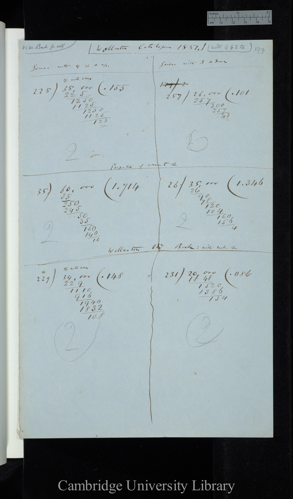 Wollaston Catalogue 1857 / with 482 sp[ecies] (calculations; commentary on reverse)