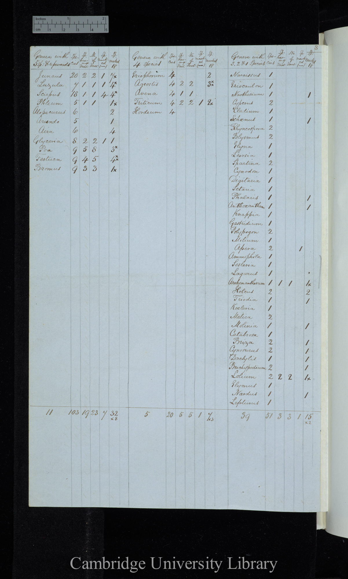 Genera with 5 sp[ecies] &amp; upwards / genera with 4 species / genera with 3 2 &amp; 1 species (table)