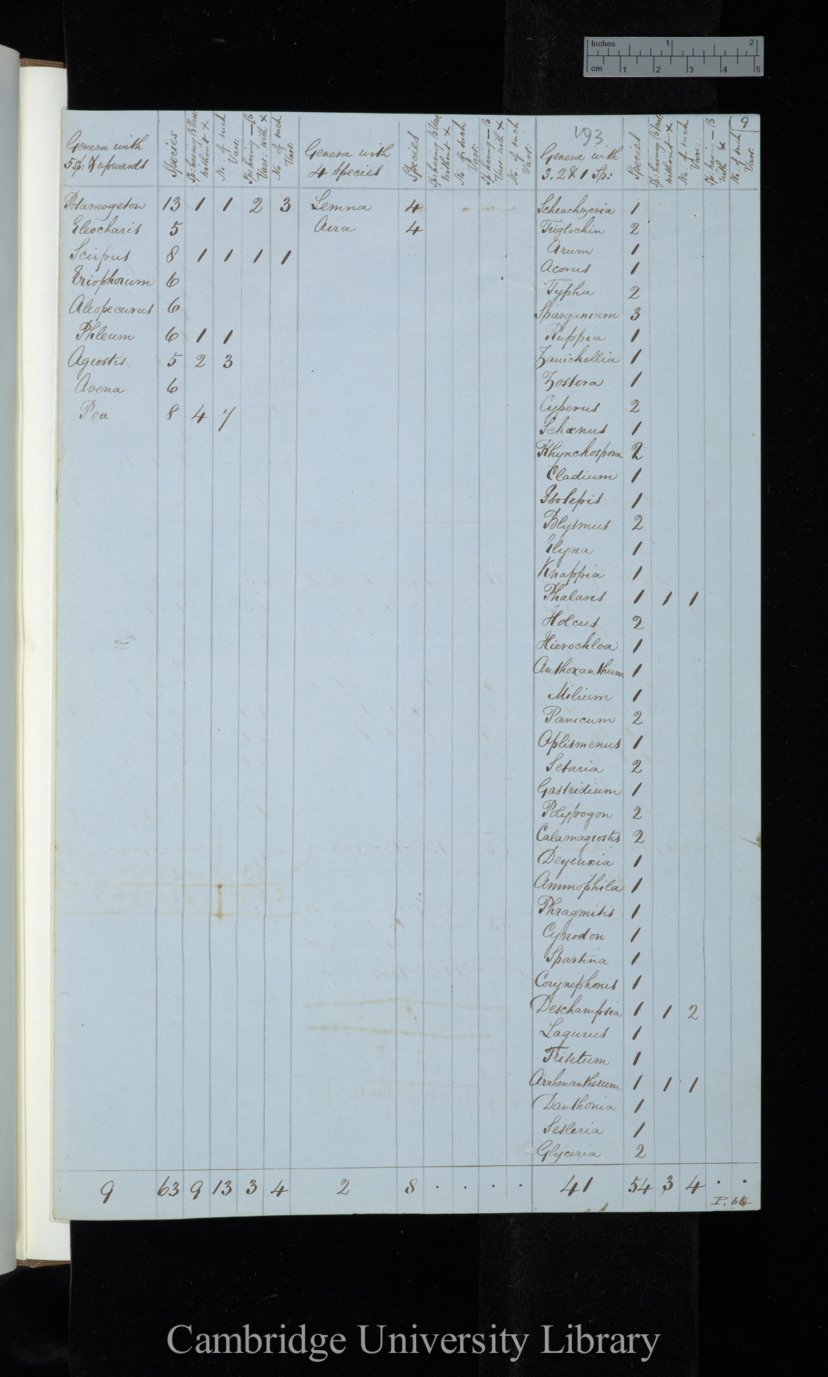 Henslows List / Genera with 5 sp[ecies] &amp; upwards / genera with 4 species / genera with 3 2 &amp; 1 species (table)