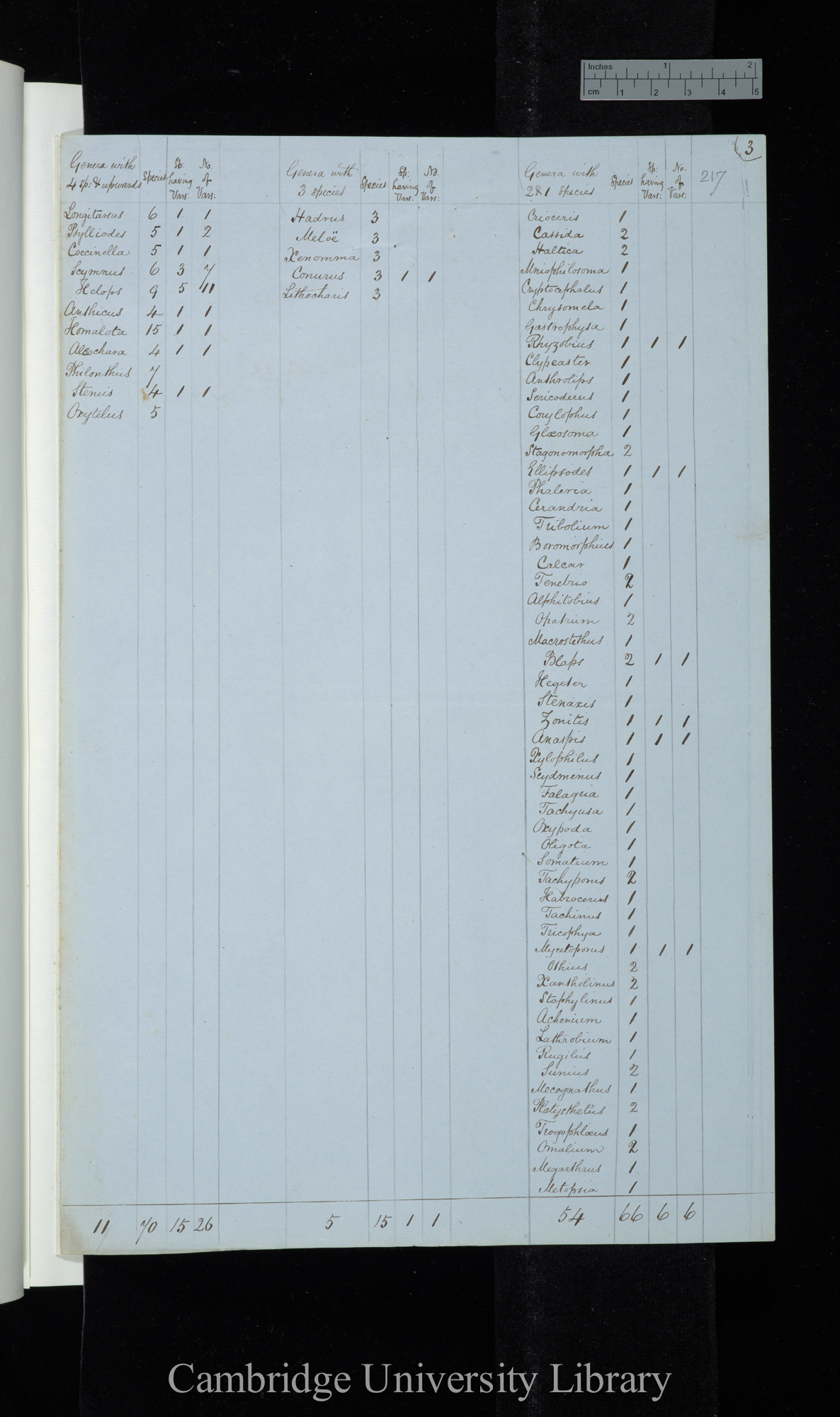 Wollaston Catalogue 1857 / Genera with 4 species &amp; upwards / Genera with 3 species / Genera with 2-1 species (table)