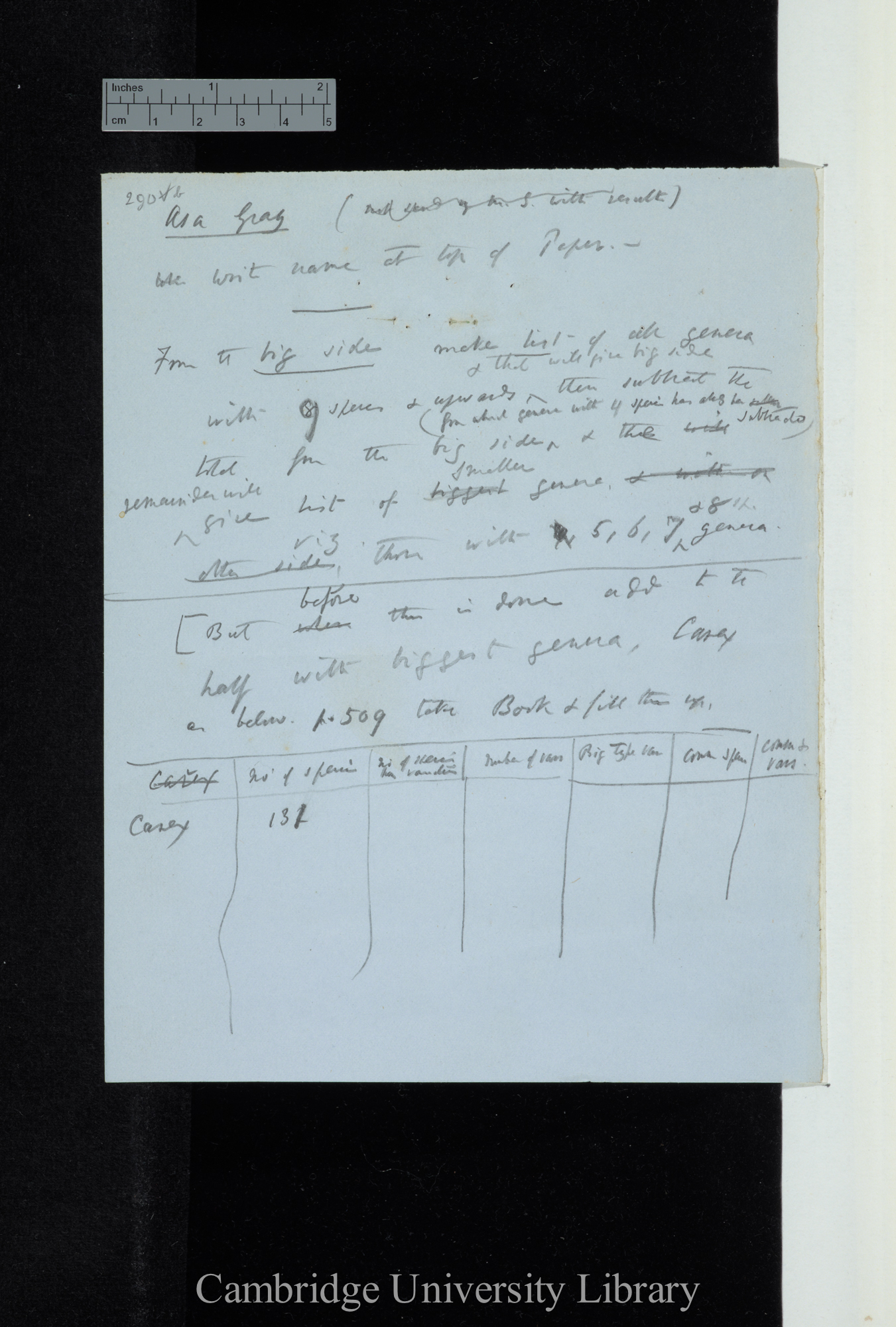 Asa Gray / [instructions to Mr Norman?] / Genera with 9 sp[ecies] and upwards (table)