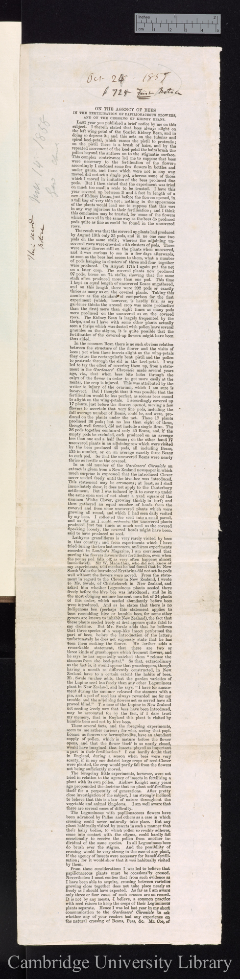 On the agency of bees in the fertilisation of papilionaceous flowers, and on the crossing of kidney beans &#39;Gard Chron&#39;: [proof sheets]