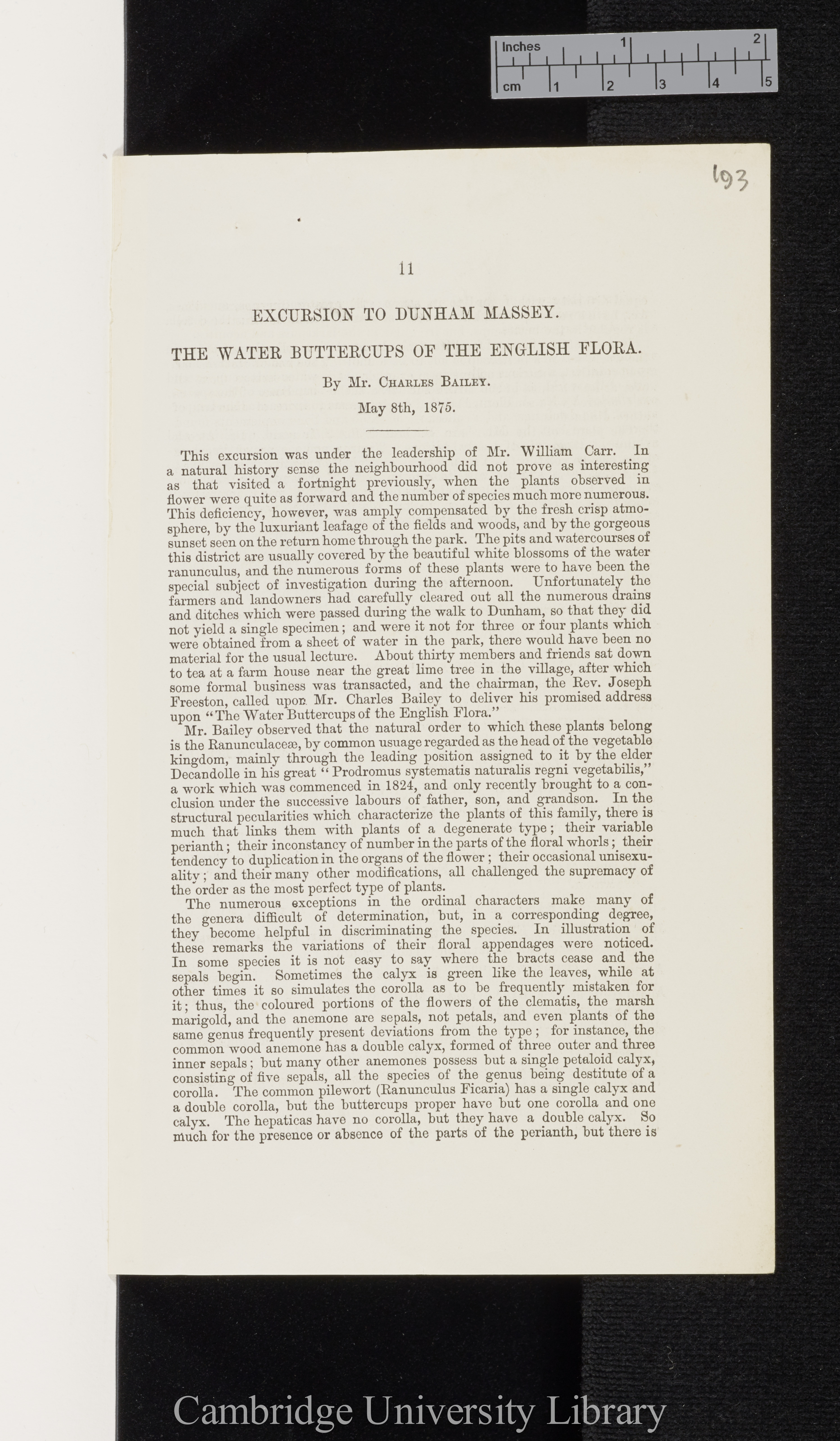 Bailey, Charles. Excursion to Dunham Massey: the water buttercups of the English flora &#39;Manchester Scientific Students&#39; Association (Annual Report)&#39;: 11