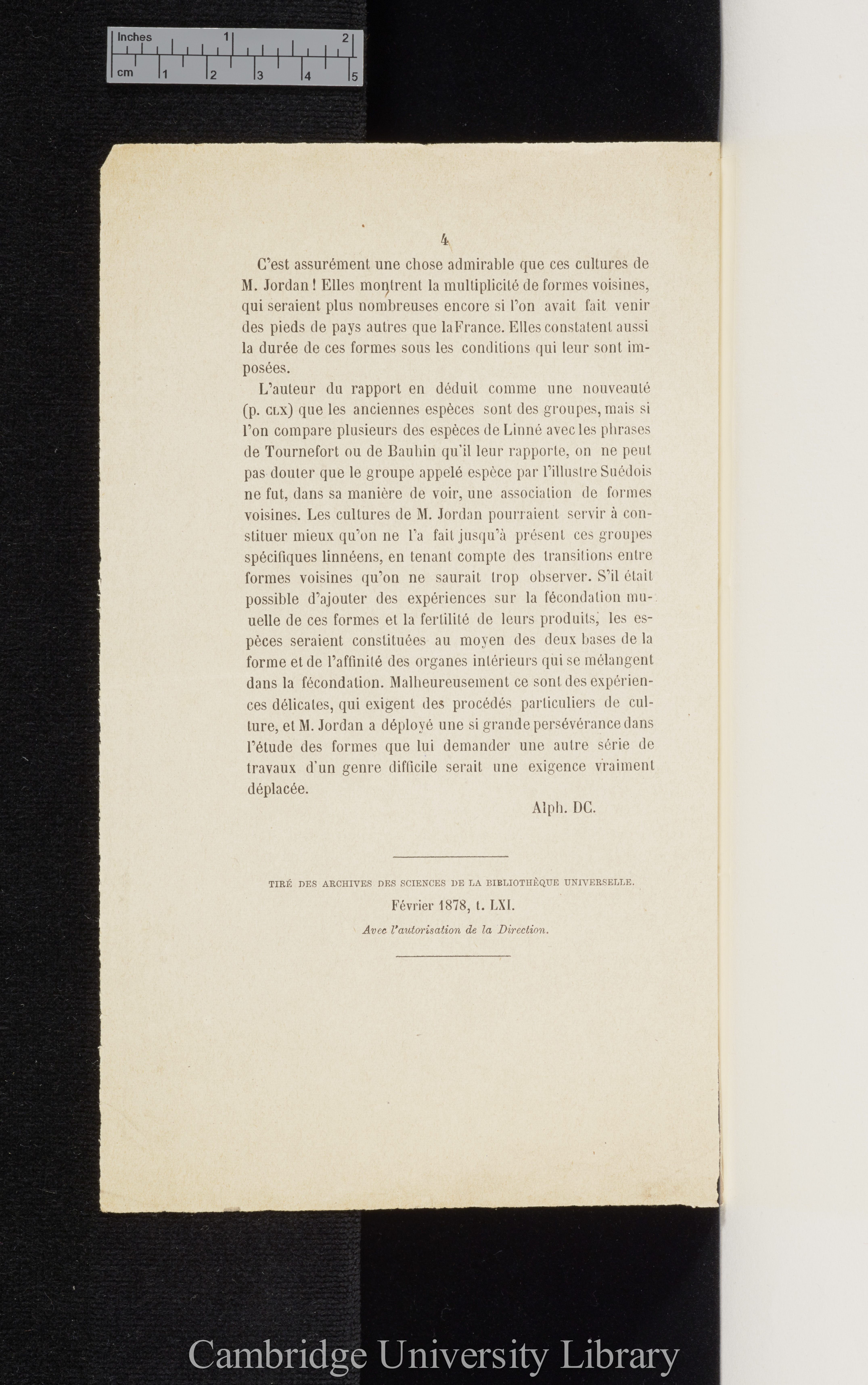 de Candolle, Alphonse. Rapport sur le jardin expérimentale de M Jordan &#39;Bibliothèque Universelle (Archives Scientifiques)&#39; 61: 260-264 [4]