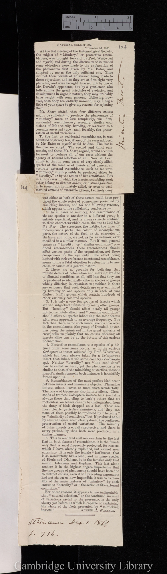 Wallace, Alfred Russel. Natural selection &#39;Athenaeum&#39;: 716-717