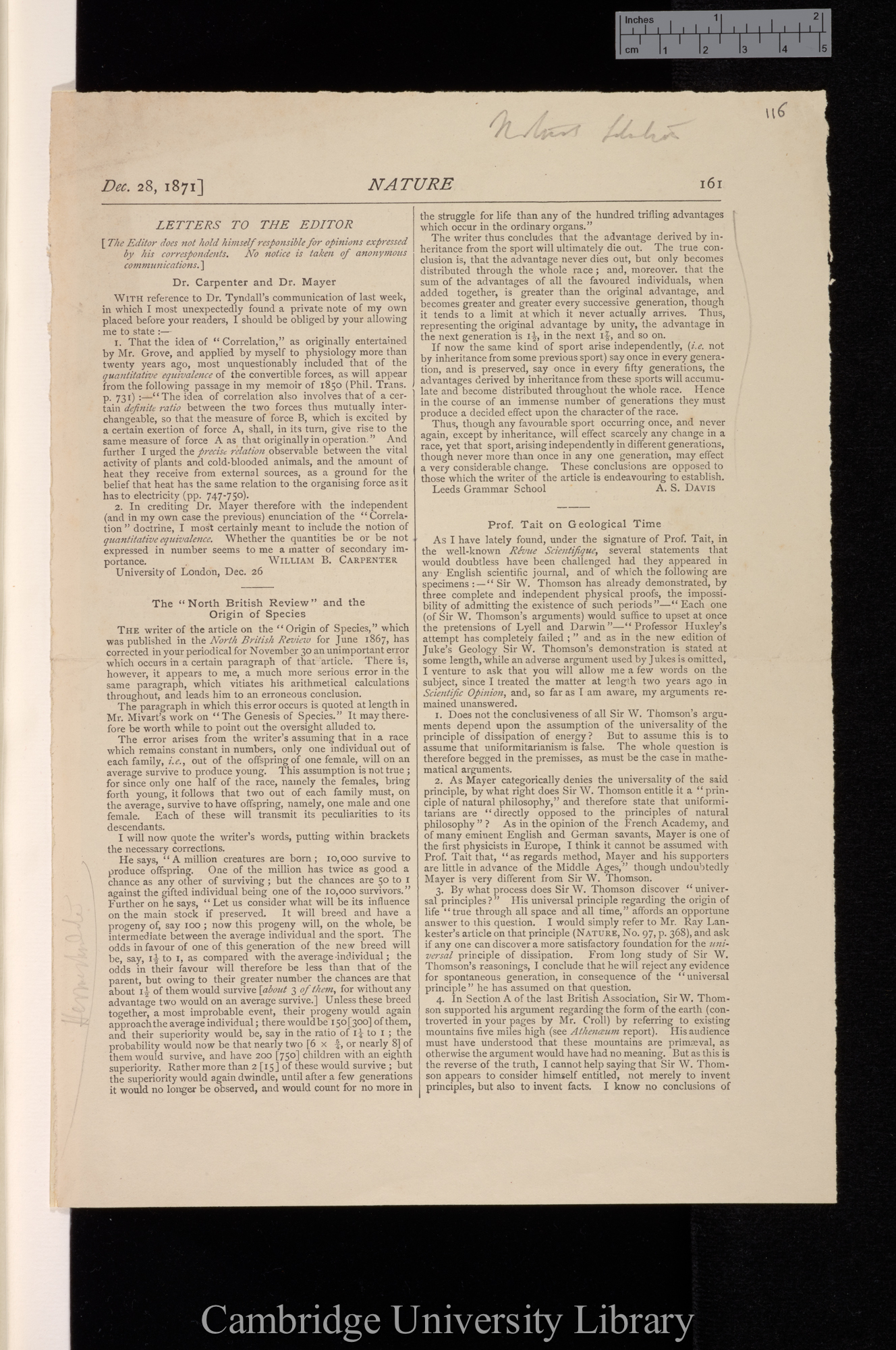 Davis, A. S. [Arthur Sladen]. The &#39;North British Review&#39; and the Origin of species &#39;Nature&#39; 5: 161