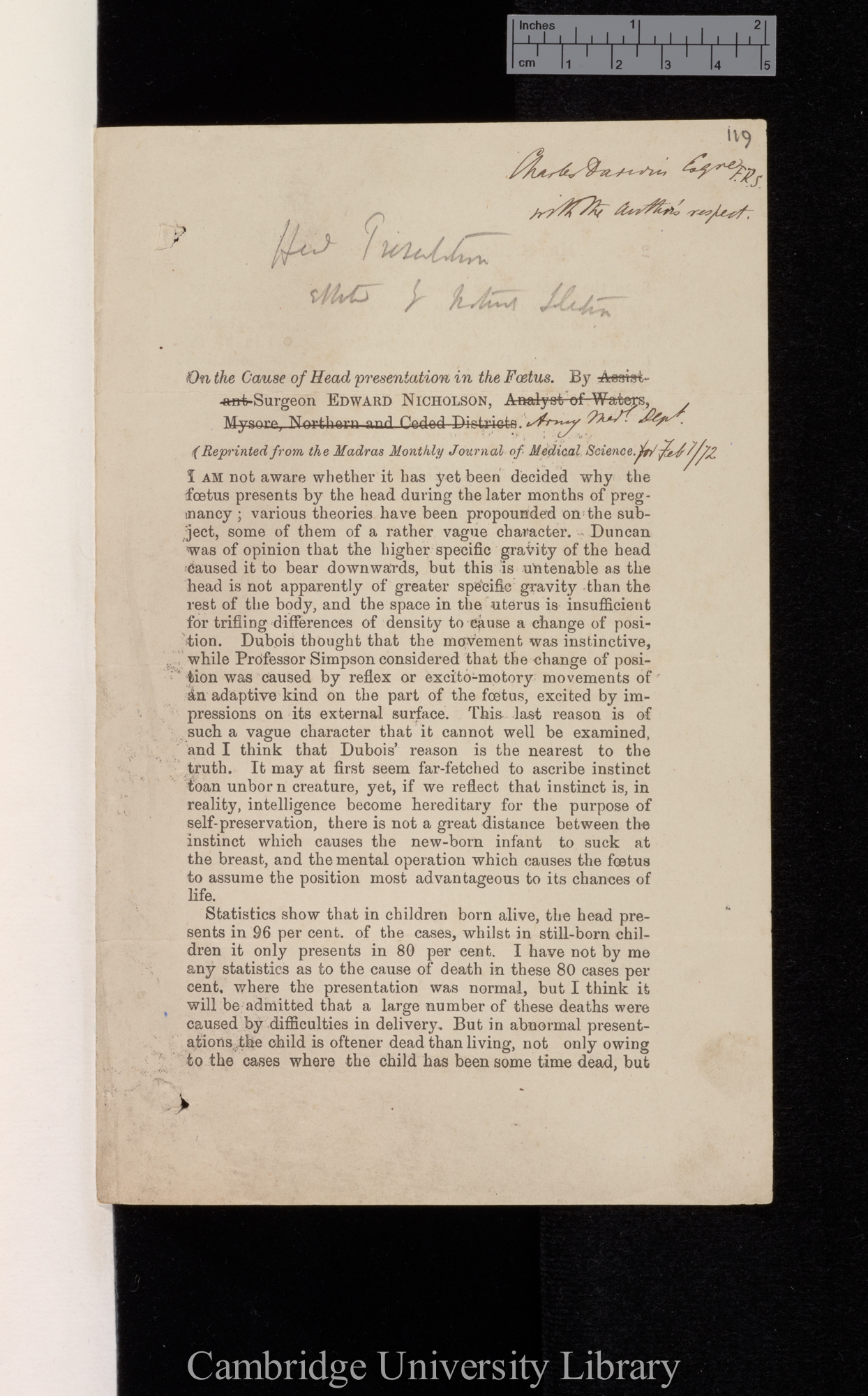 Nicholson, Edward. On the cause of head presentation in the foetus &#39;Madras Monthly Journal of Medical Science&#39;: [1]