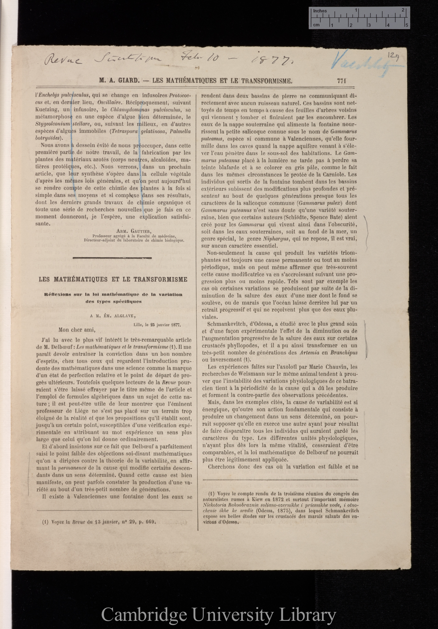 Giard, Alfred M. Les Mathémathiques et le transformisme &#39;Revue Scientifique de la France et de l&#39;Étranger&#39; 12: 771