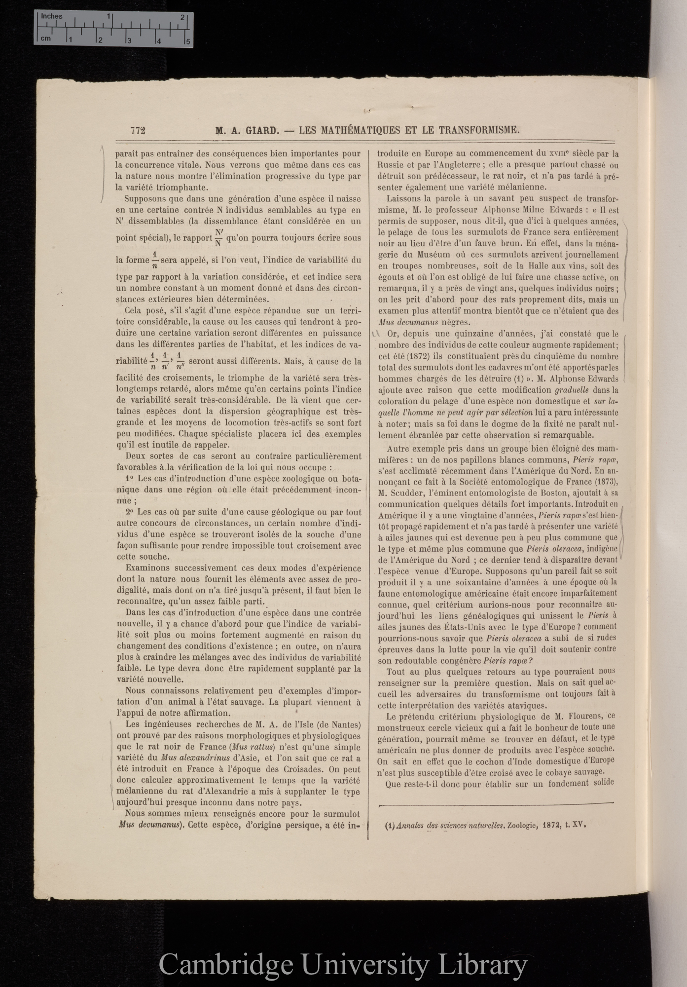 Giard, Alfred M. Les Mathémathiques et le transformisme &#39;Revue Scientifique de la France et de l&#39;Étranger&#39; 12: 772