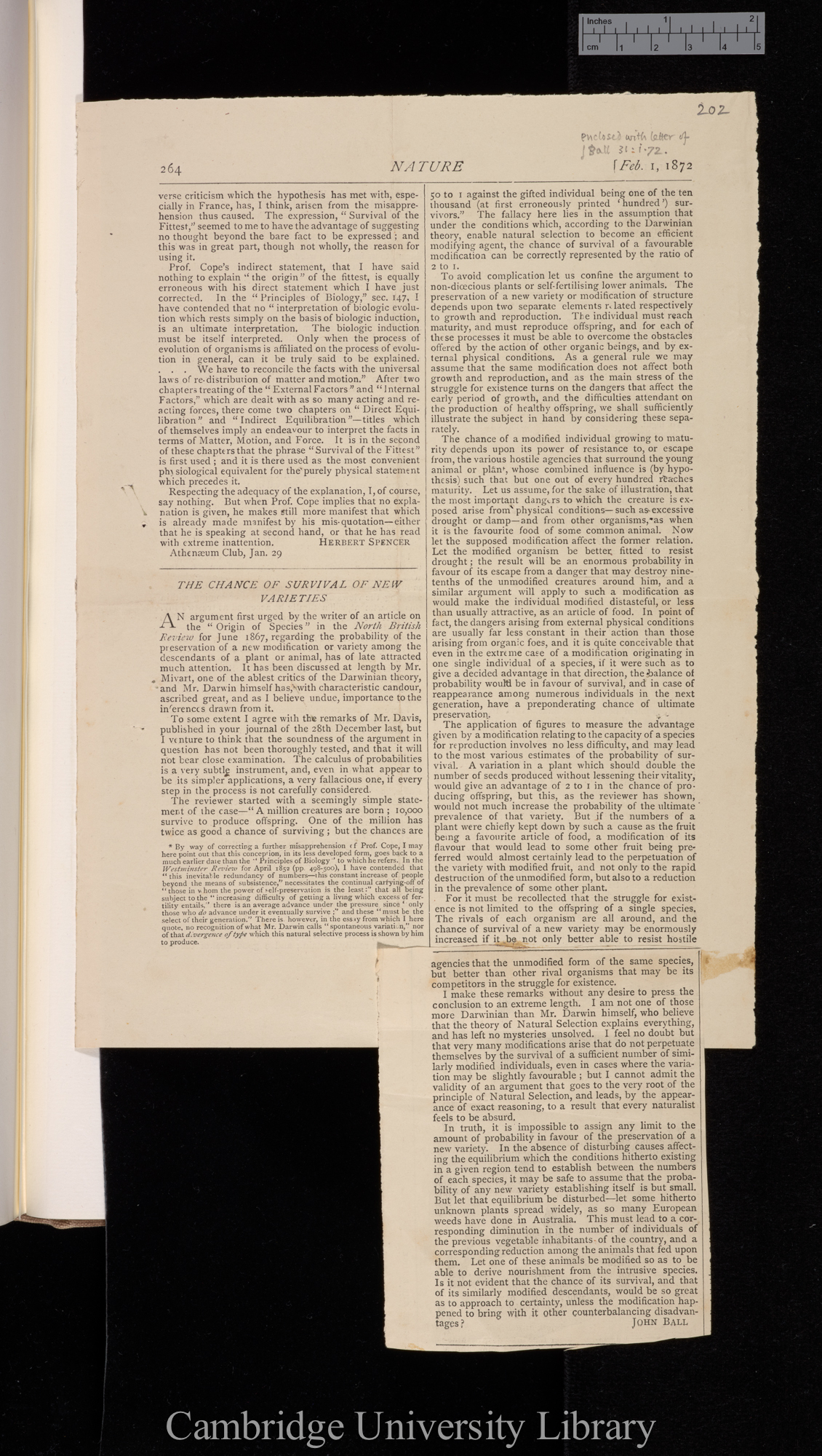 Spencer, Herbert. The survival of the fittest &#39;Nature&#39; 5: 264; and Ball, John. The chance of survival of new varieties &#39;Nature&#39; 5: 264-265