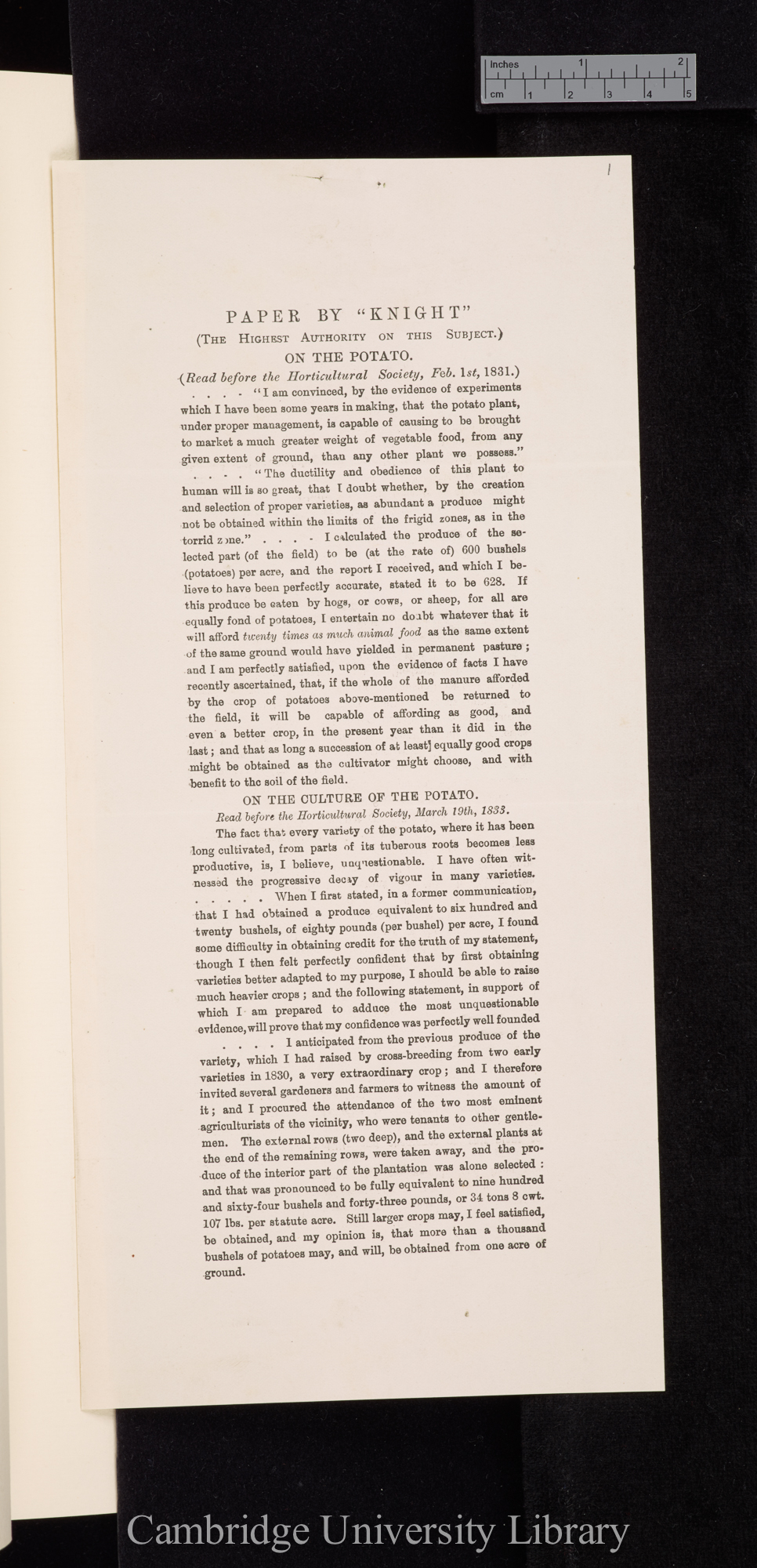 On the potatoe; On the culture of the potatoe &#39;[source unknown]&#39;: 1p, reprint of brief extracts from &#39;Horticultural Society, transactions&#39; 2s 1: 93-100; 415-418