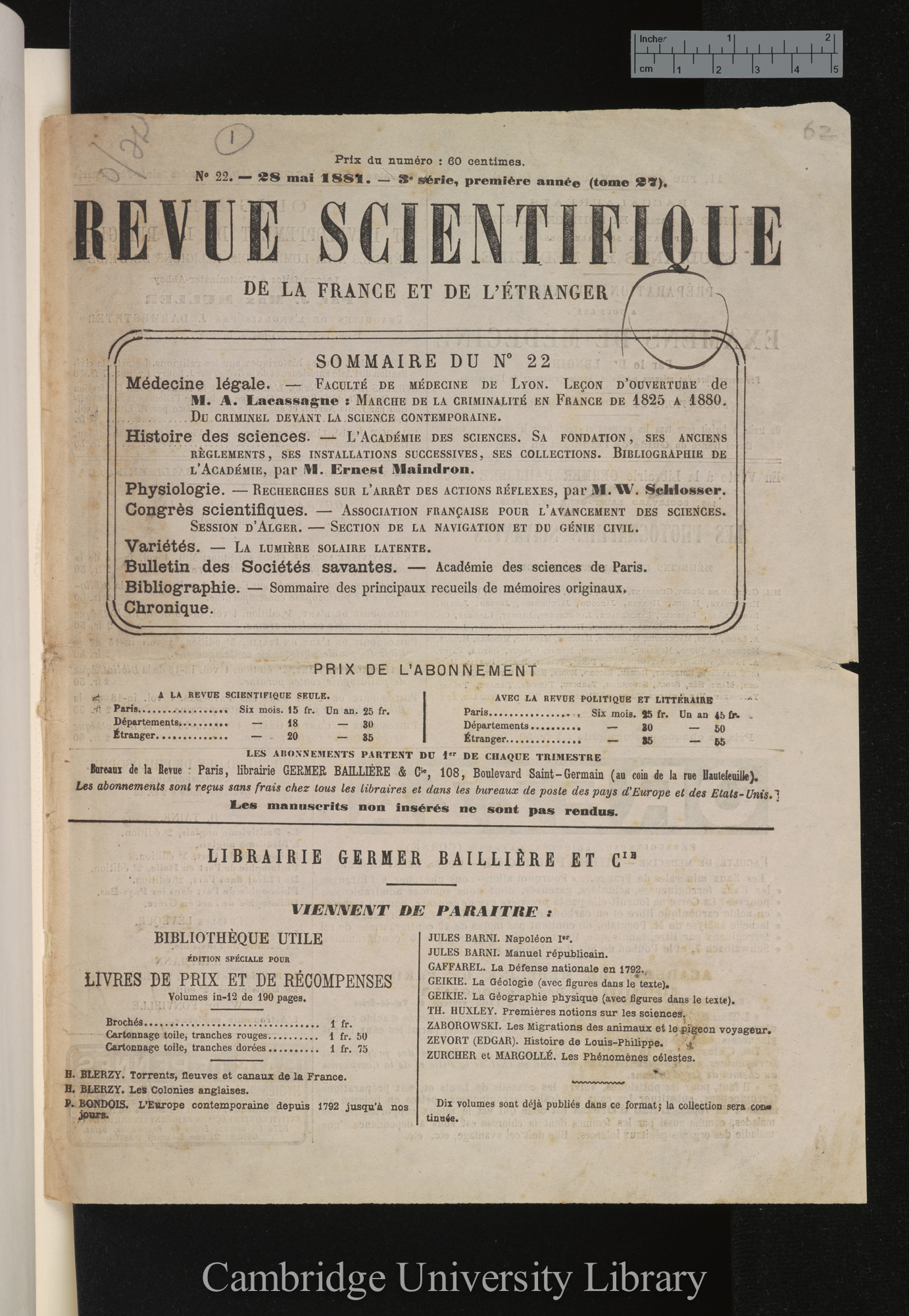 &#39;Revue Scientifique de la France et de l&#39;Étranger&#39; 27: No 22