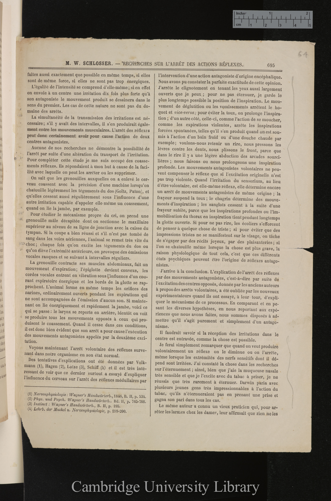 Recherches sur l&#39;arrêt des actions réflexes &#39;Revue Scientifique de la France et de l&#39;Étranger&#39; 27: 695