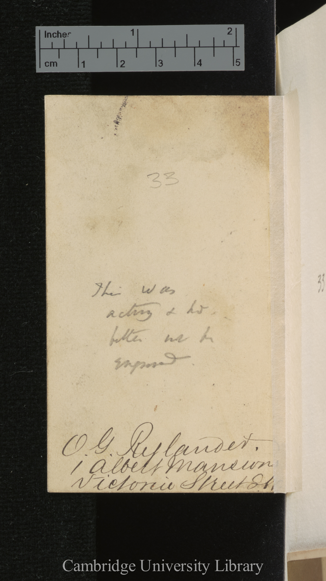 [verso of photograph - photographer signature (O G Rejlander)]; annotated by Charles Robert Darwin