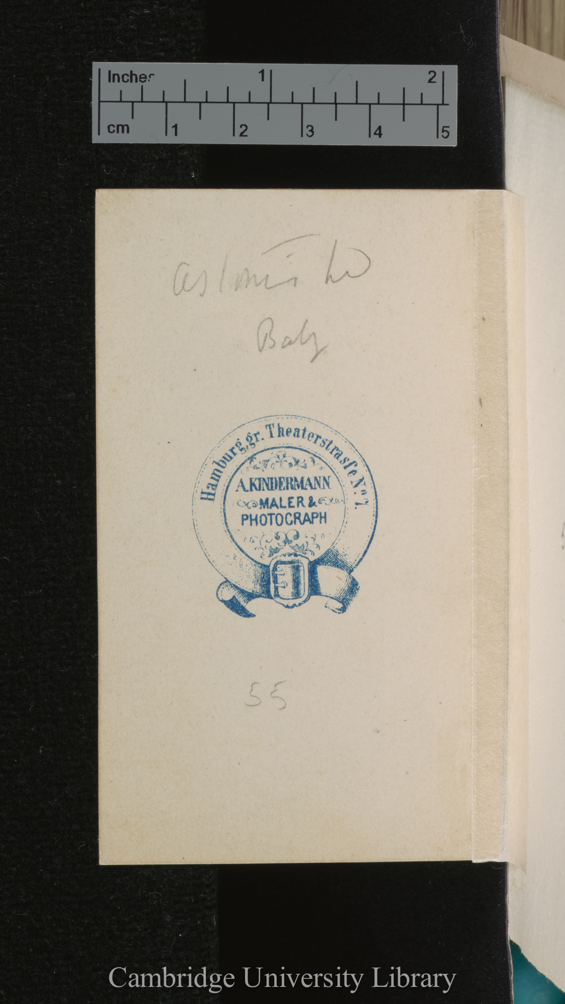 [verso of photograph - photographer imprint (A Kindermann)]; annotated by Charles Robert Darwin