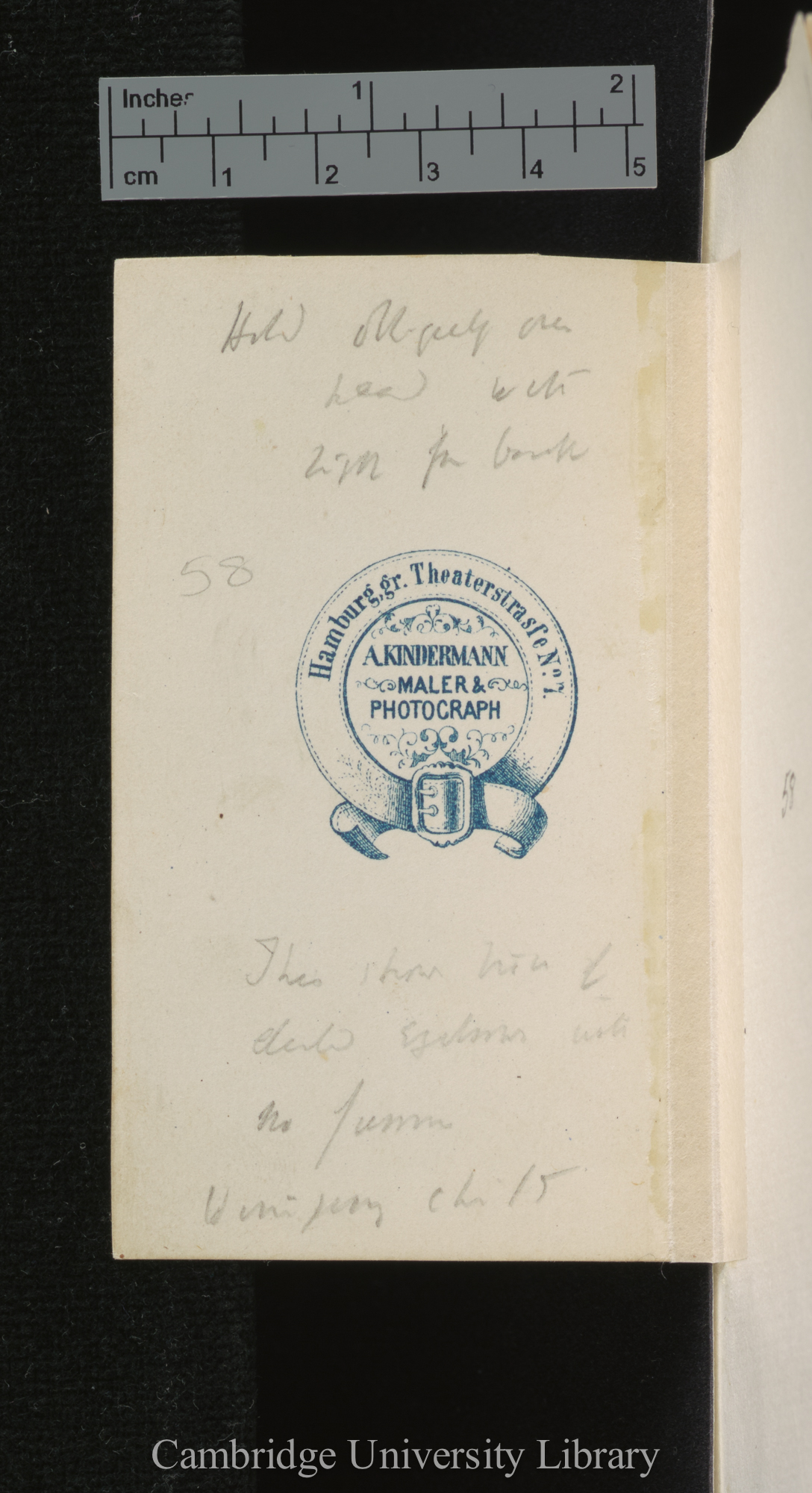 [verso of photograph - photographer imprint (A Kindermann)]; annotated by Charles Robert Darwin