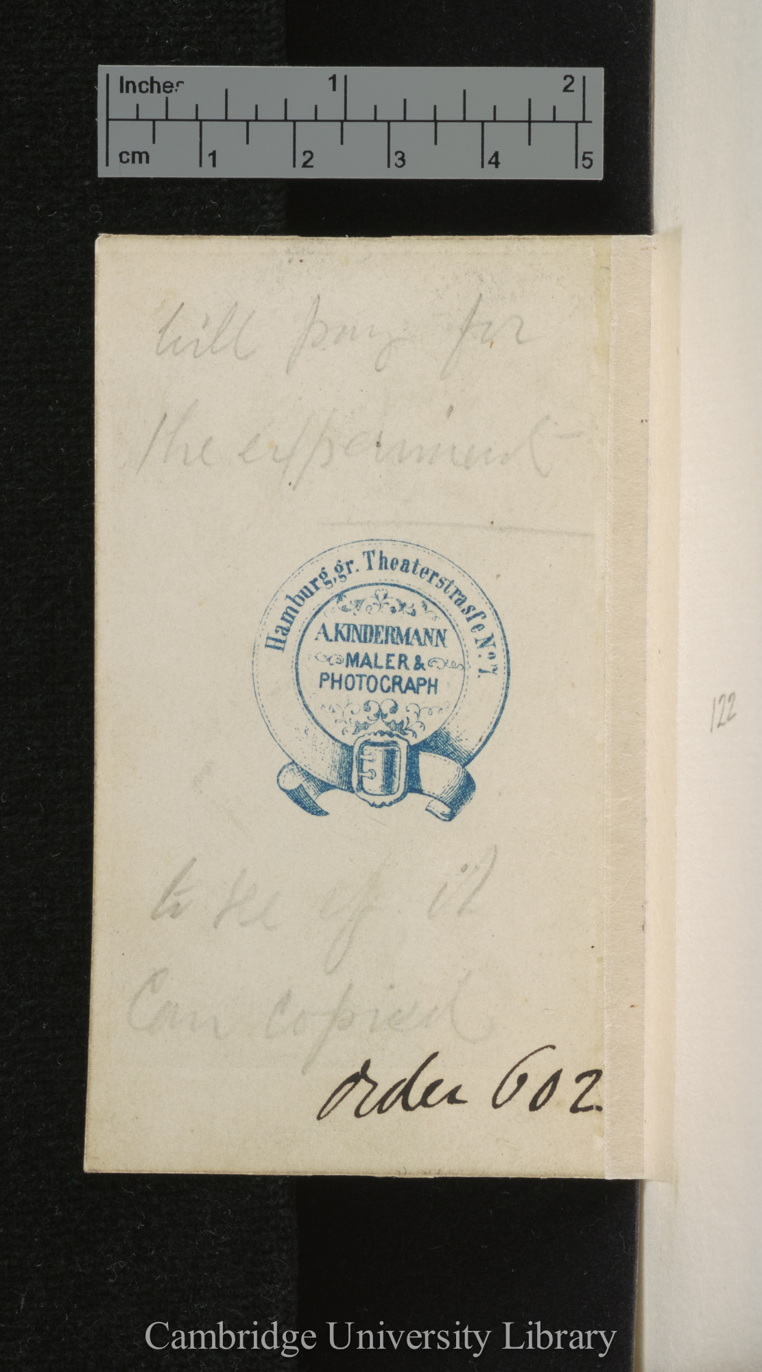 [verso of photograph - photographer imprint (A Kindermann)]; annotated by Charles Robert Darwin