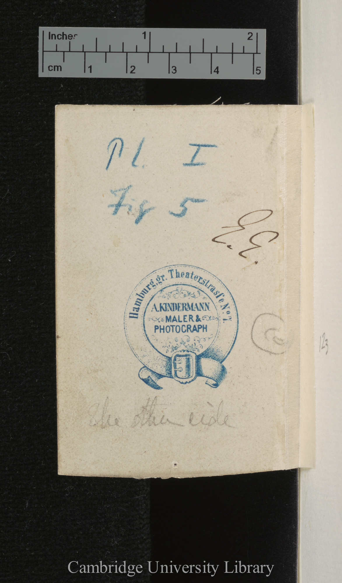 [verso of photograph - photographer imprint (A Kindermann)]; annotated by Charles Robert Darwin