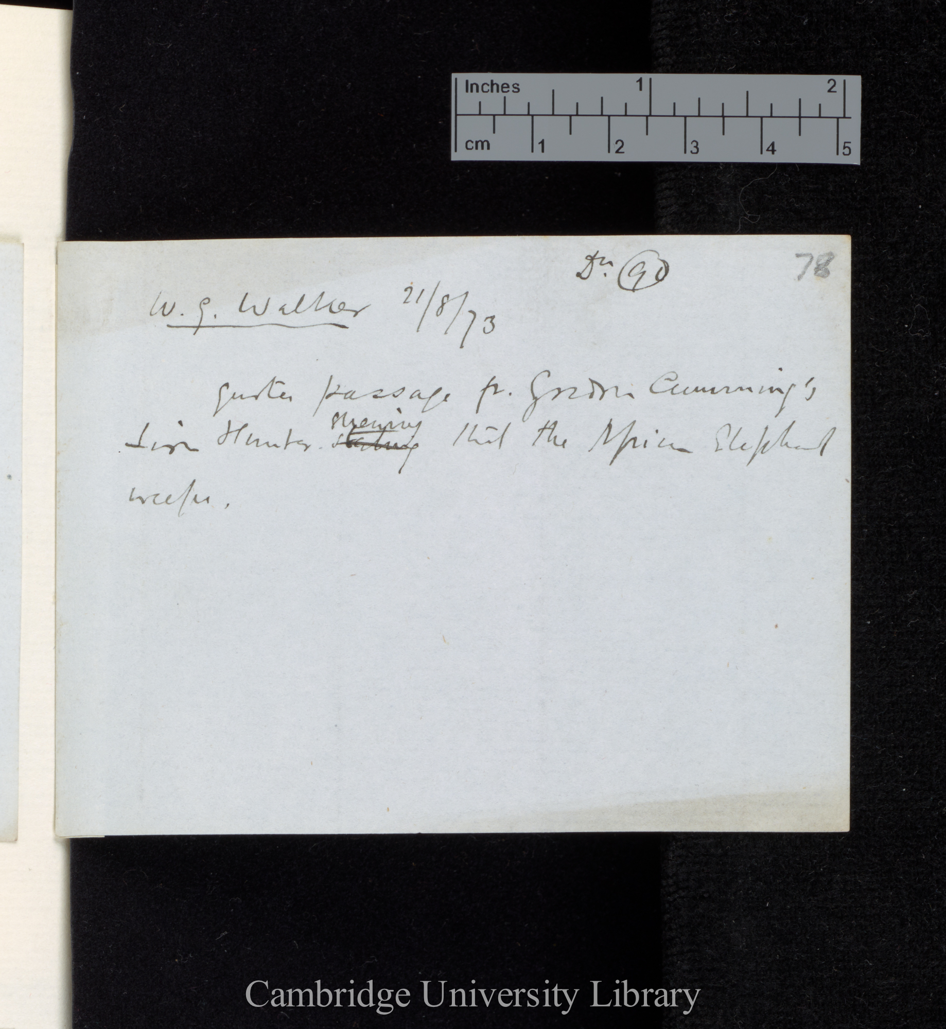 90: Walker W G 21 August 1873 / quotes passage from Gordon Cumming&#39;s Sir Hunter showing that the African Elephants weeps