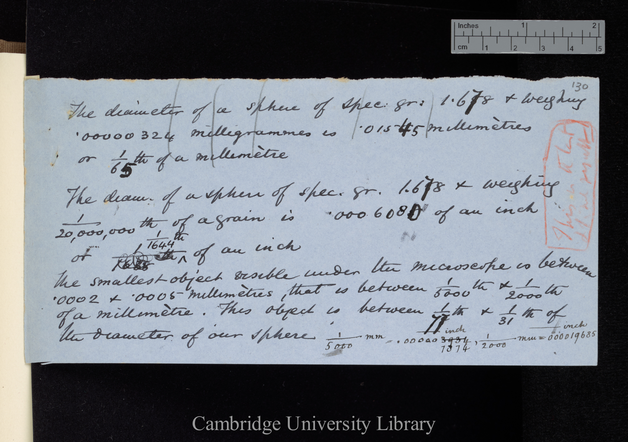 The diameter of a sphere of spec gr 1.678 &amp; weighing .00000324 milligrammes is .01545 millimetres