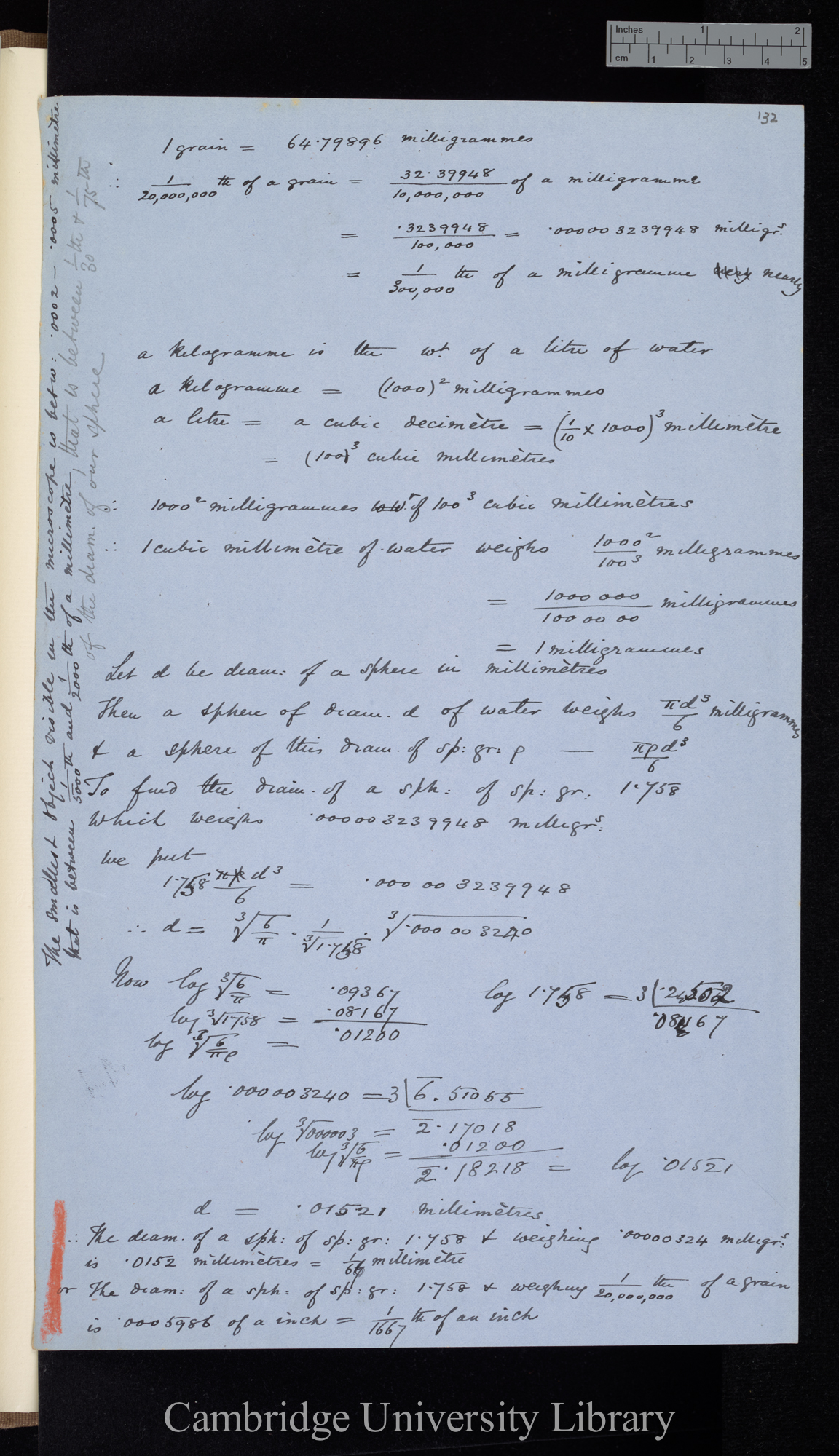 The diam of a sphere of water which shall weigh .00000324 milligrammes is given by [formulae]