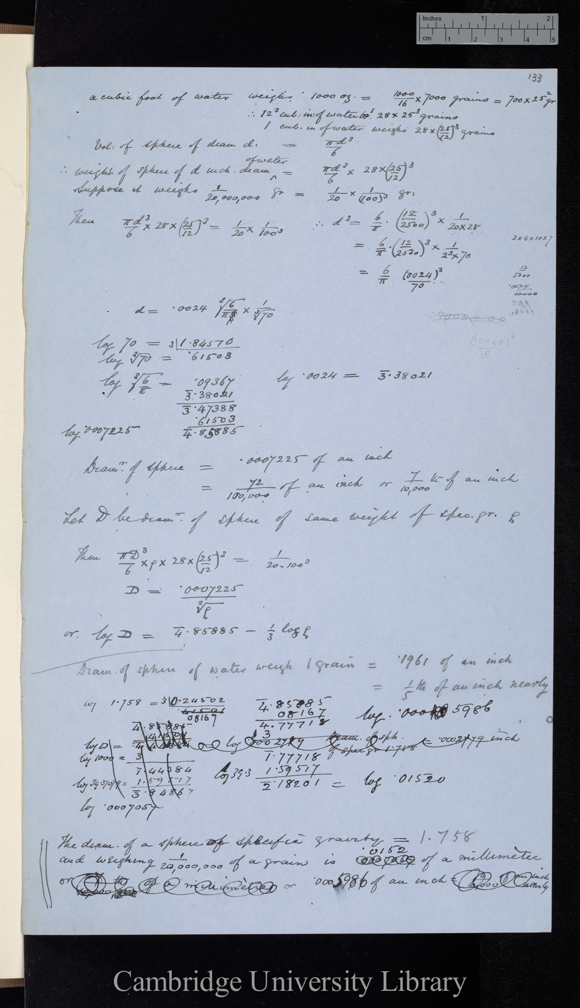 The diam of a sphere of water which shall weigh .00000324 milligrammes is given by [formulae]