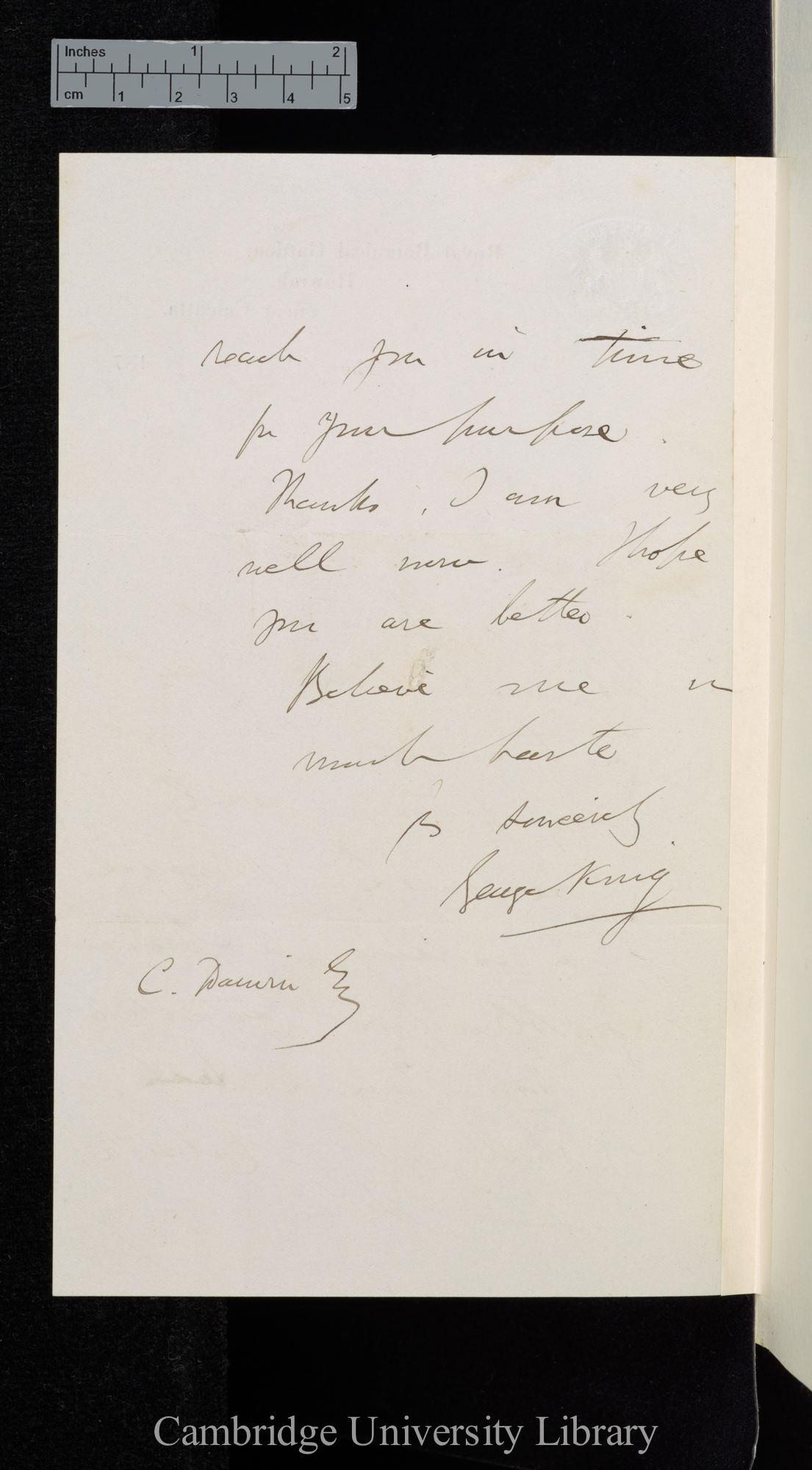 Sir George King to Charles Robert Darwin