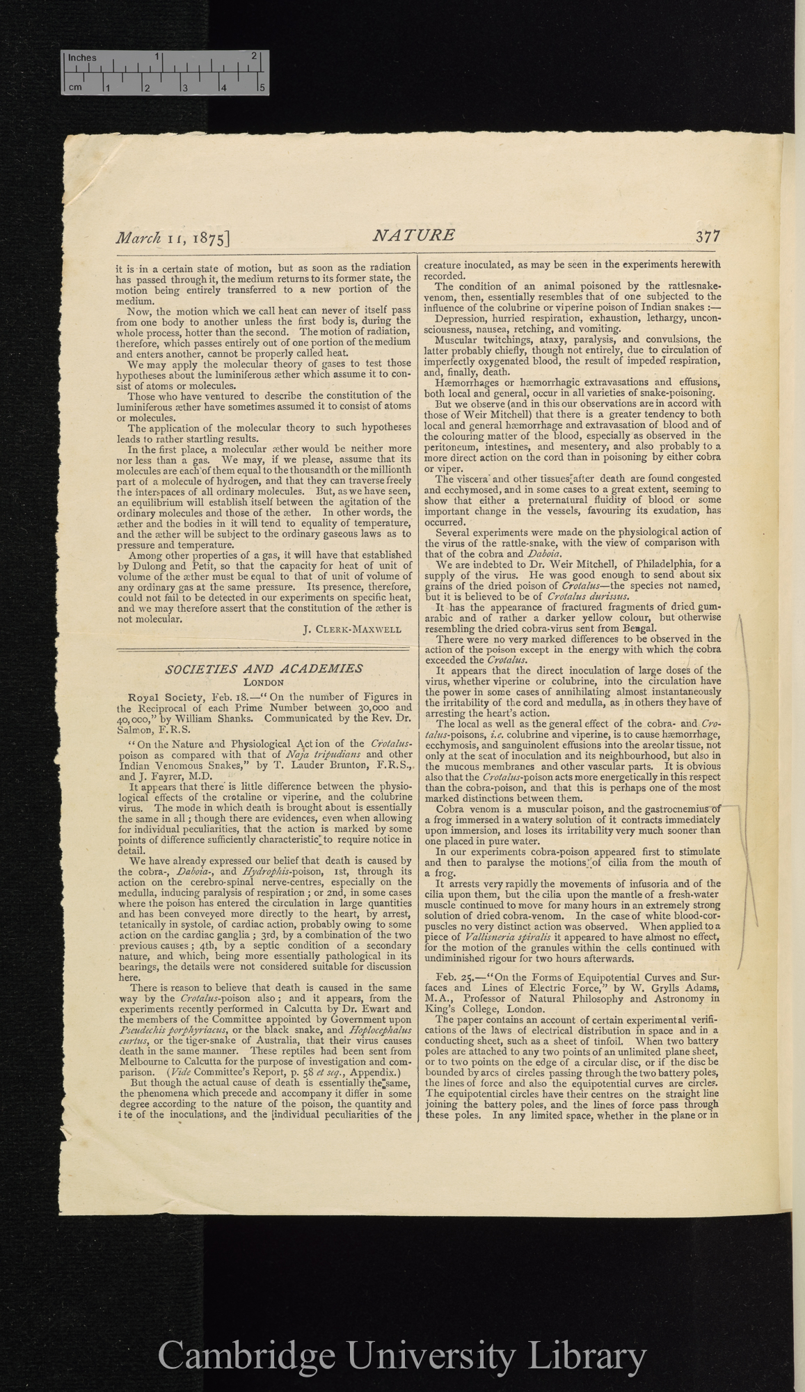 On the nature and physiological action of Crotalus-poison as compared with that of Naja tripudians and other Indian venomous snakes &#39;Nature&#39; 11: 377