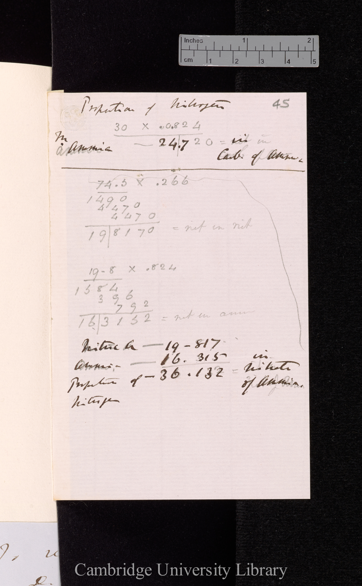 Proportion of nitrogen / in ammonia / in carbonate of ammonia / in nitrate of ammonia [calculations]