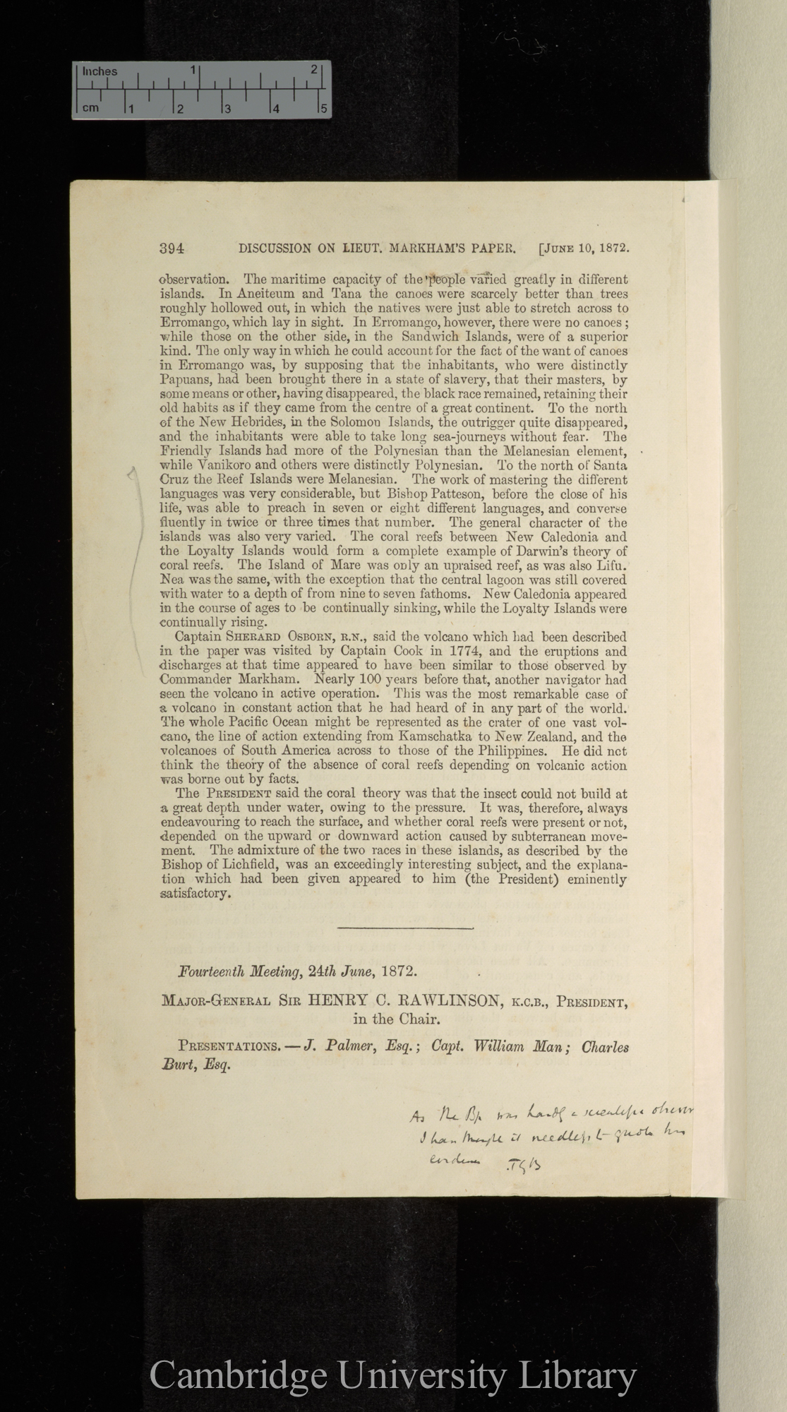 Discussion of Markham - &#39;The New Hebrides and Santa Cruz groups, S W Pacific&#39; &#39;Royal Geographical Society (Proceedings)&#39; 16: 394