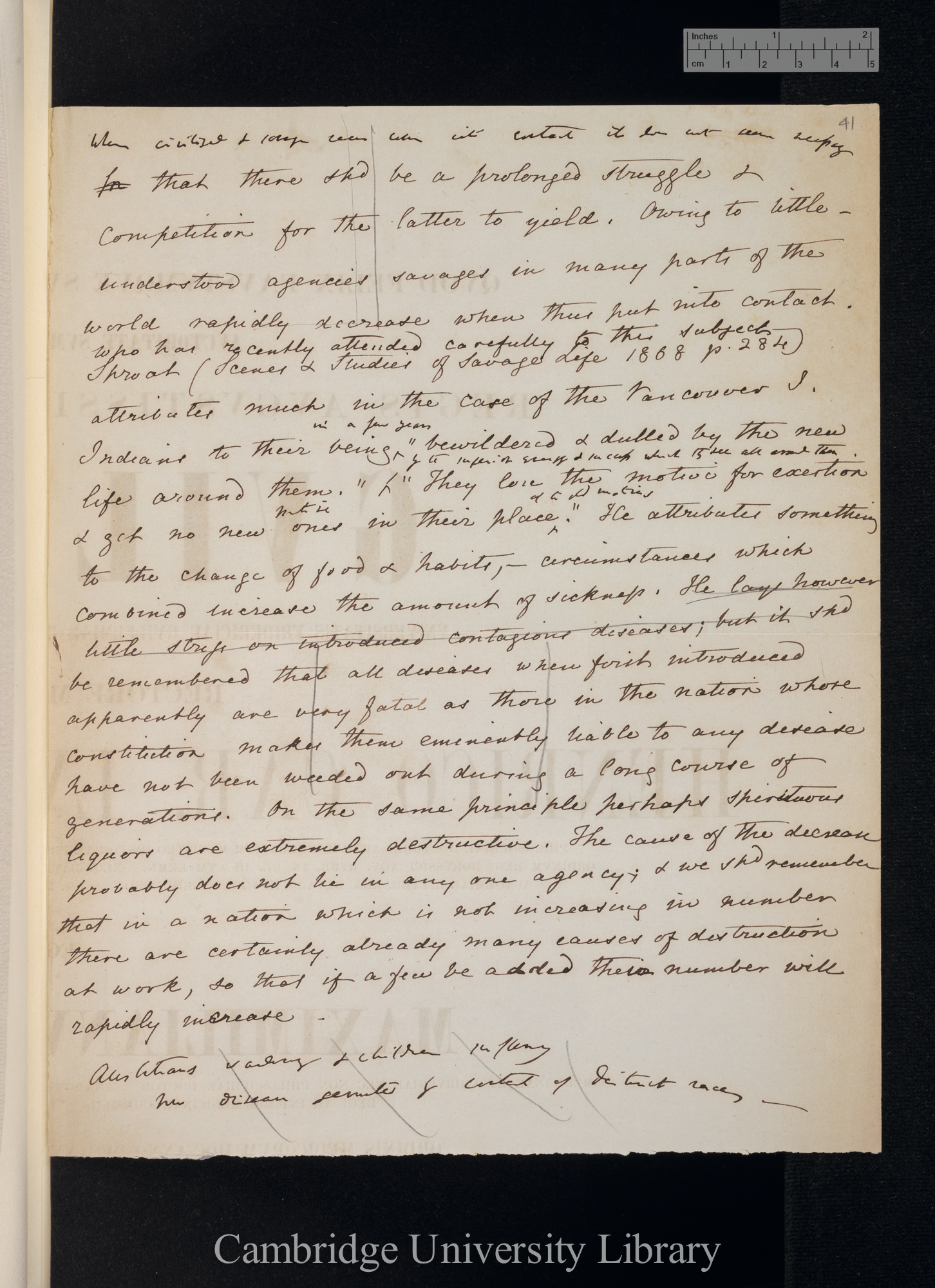 [of &#39;Descent&#39;] When civilized &amp; savage races come into contact it does not seem necessary that there shd be a prolonged struggle [published vol 1, pp 238-239]