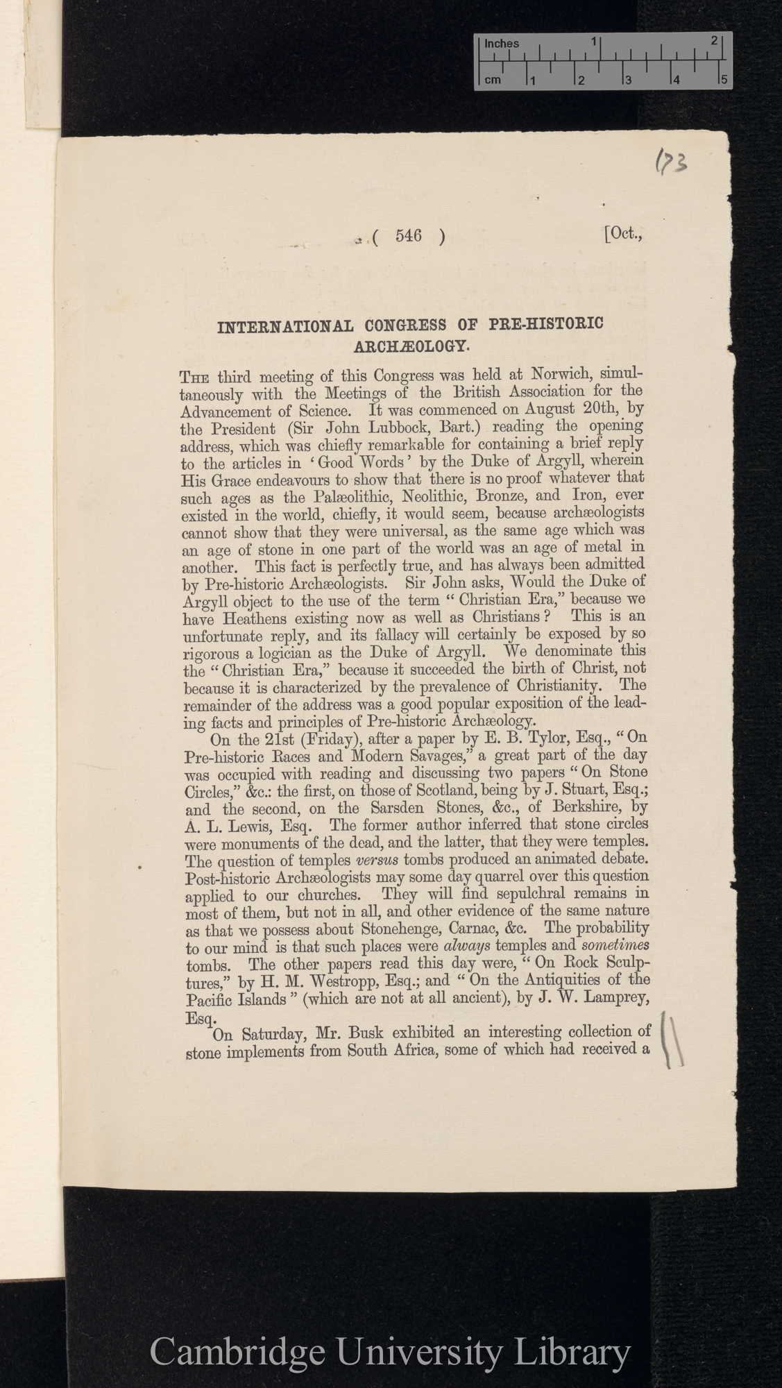 Anon. International congress of pre-historic archaeology &#39;Quart J Sci&#39;[?] 1869: 546