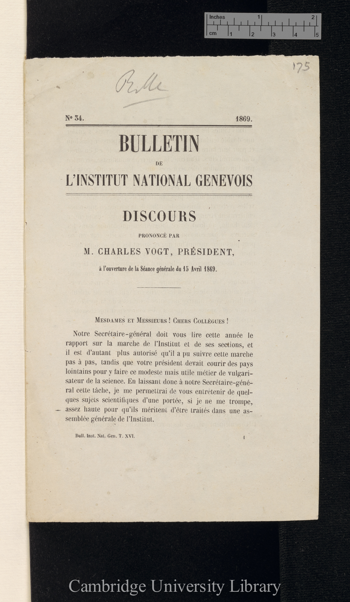 Vogt, C/Karl. Discours 15 April 1869 à l&#39;ouverture de la séance générale &#39;Institut National Génévois (Bulletin)&#39; 16: 1