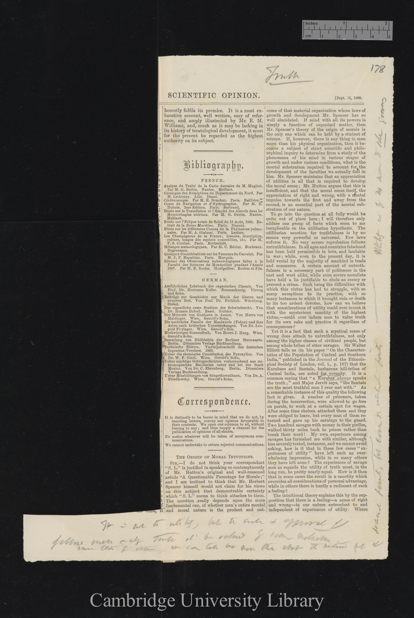 Wallace, Alfred Russel. The origin of moral institutions &#39;Scientific Opinion&#39; 2: [1]b