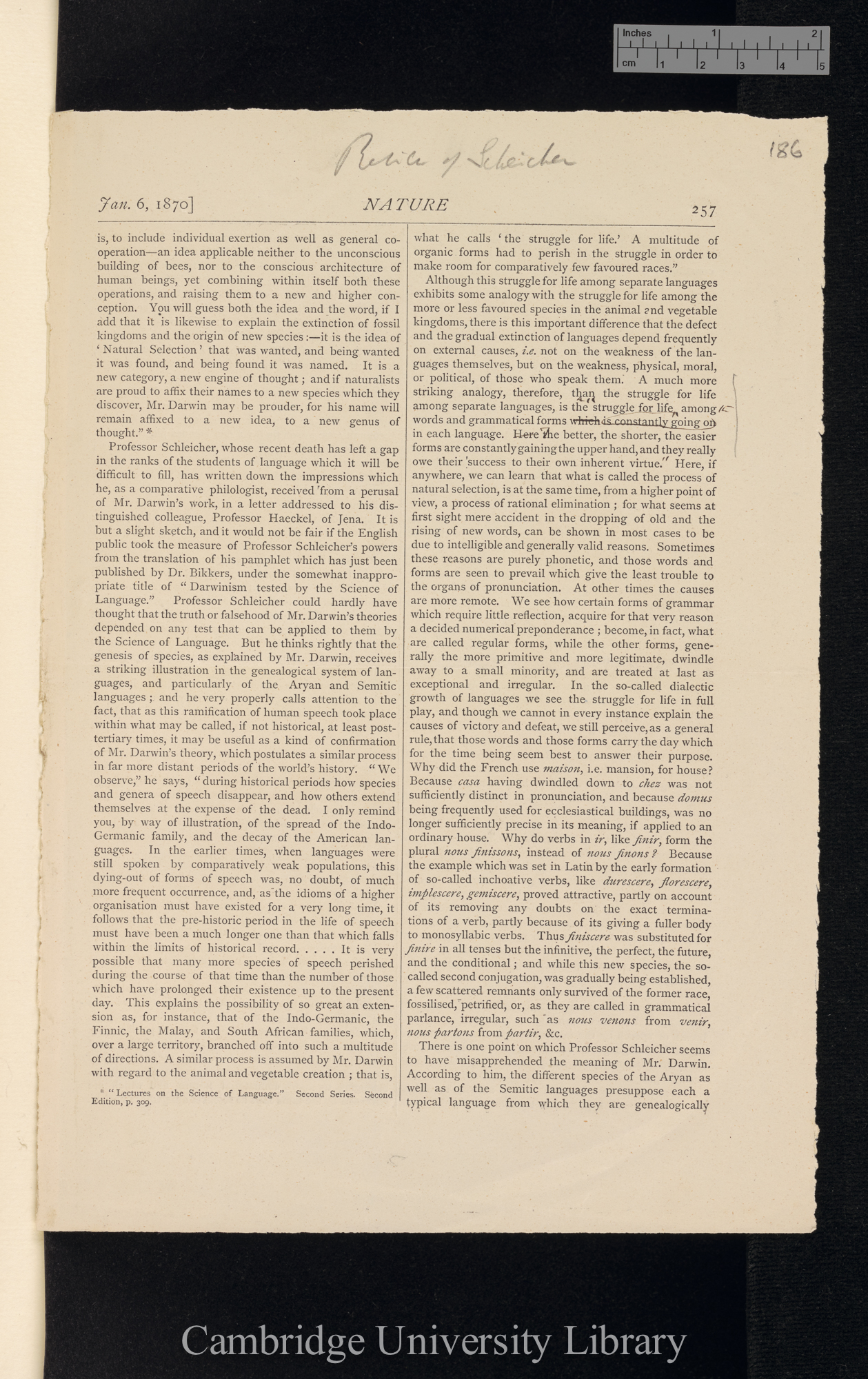 Müller, Friedrich Max. Review of Schleicher A (tr Bikkers A V W) &#39;Darwinism tested by the science of language&#39; &#39;Nature&#39; 1: 257