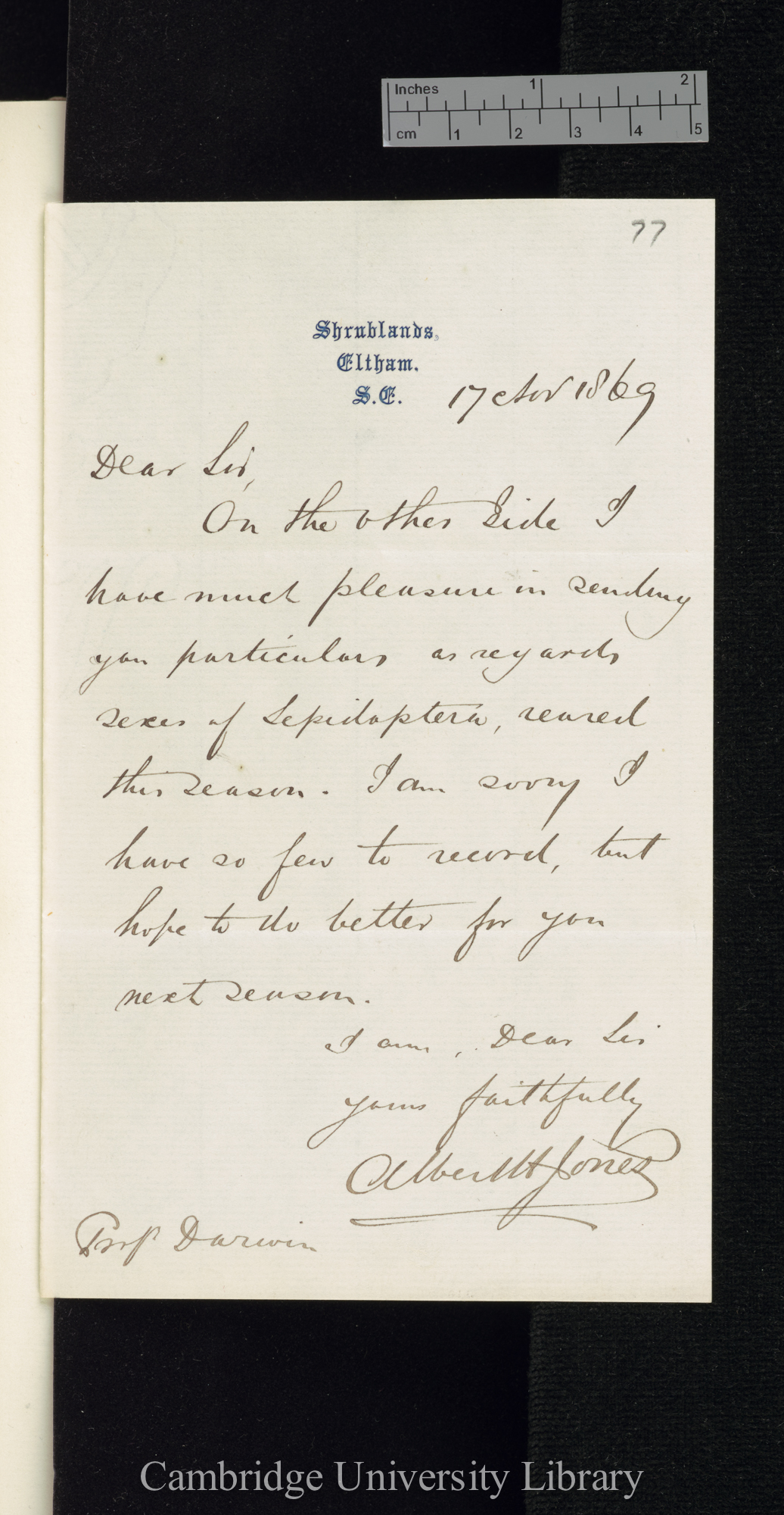 Albert Hugh Jones to Charles Robert Darwin