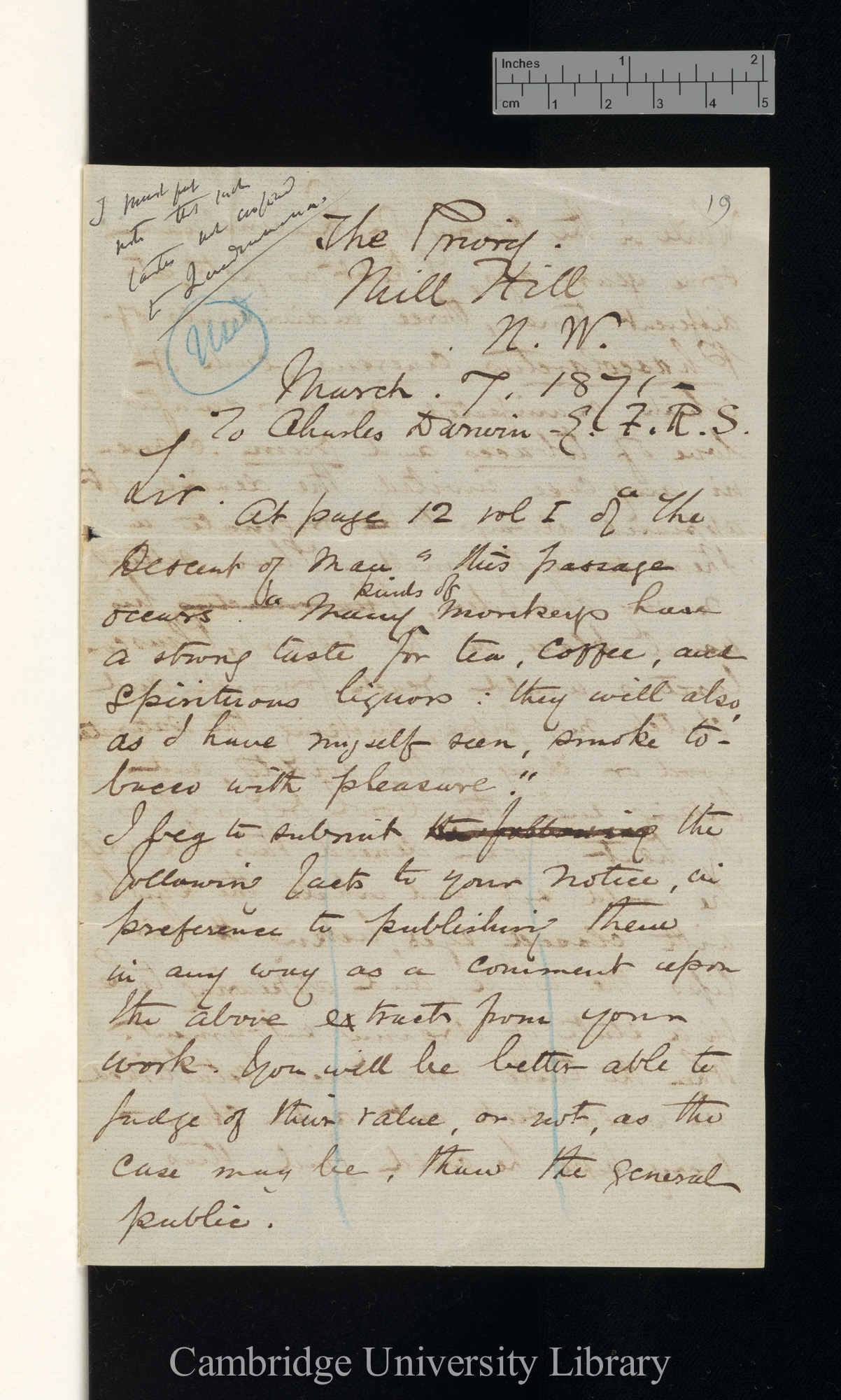 Arthur Nicols to Charles Robert Darwin