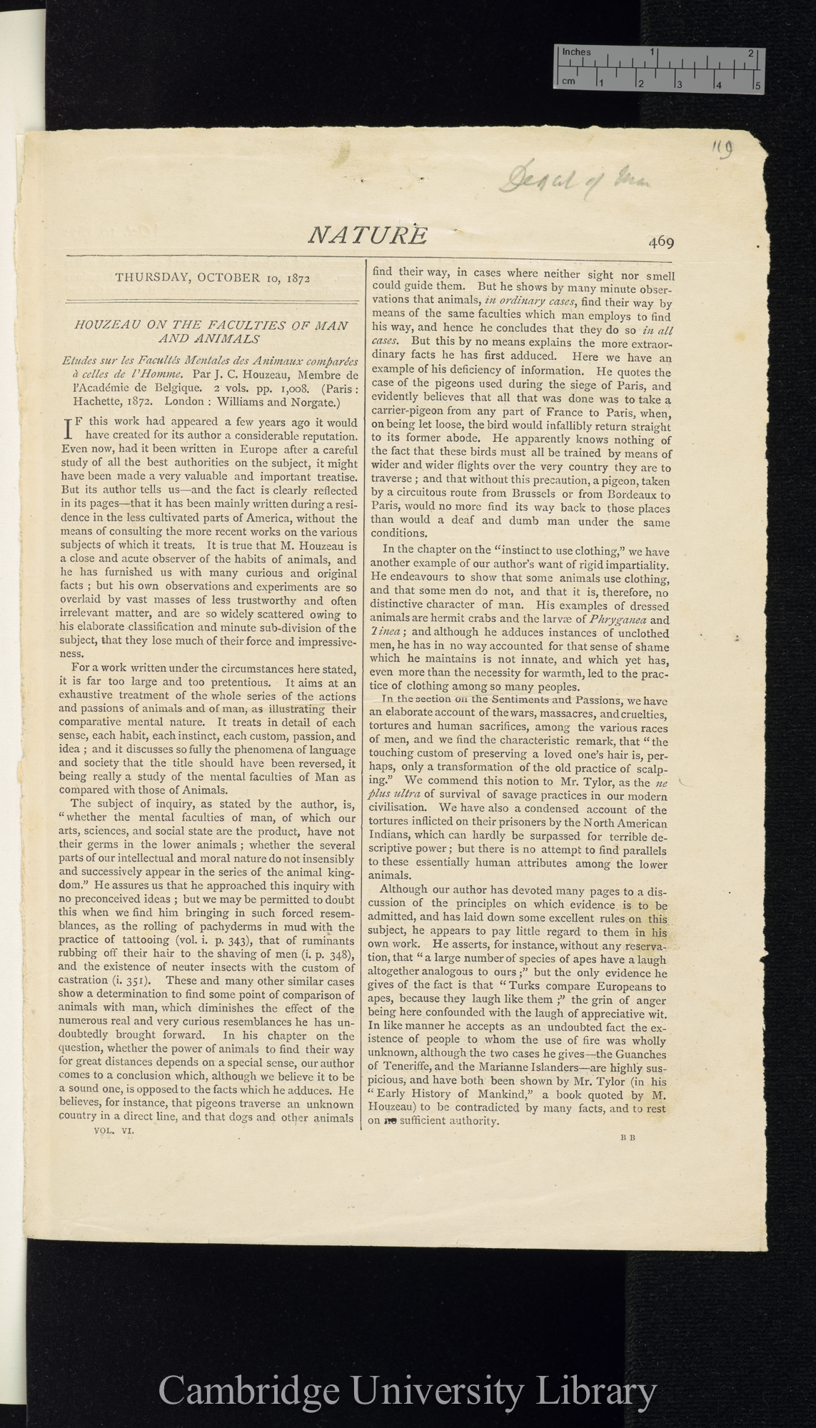 Wallace, Alfred Russel. Review of Houzeau J C &#39;Études sur les facultés mentales des animaux comparées à celles de l&#39;homme&#39; &#39;Nature&#39; 6: 469