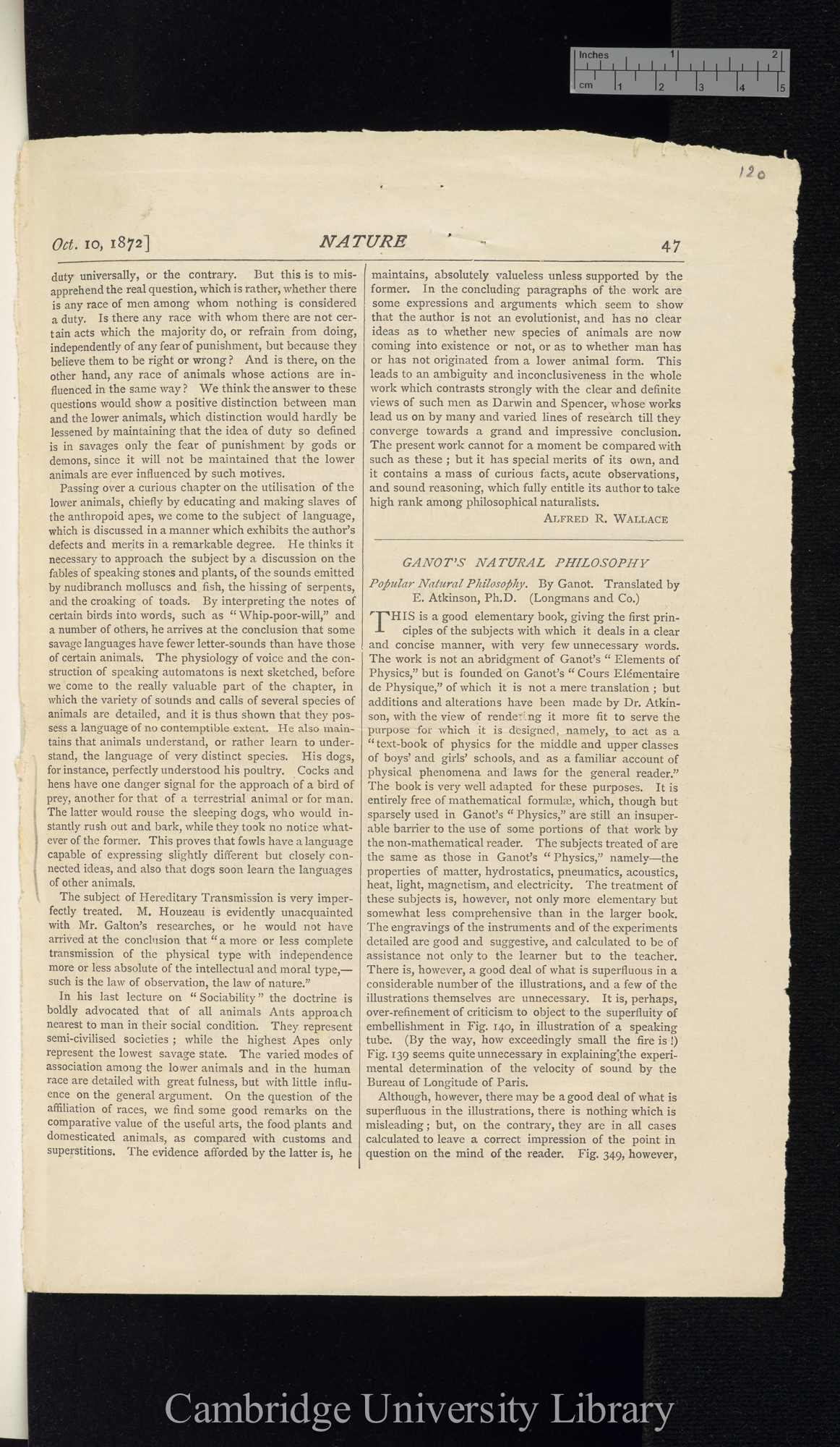 Wallace, Alfred Russel. Review of Houzeau J C &#39;Études sur les facultés mentales des animaux comparées à celles de l&#39;homme&#39; &#39;Nature&#39; 6: 471