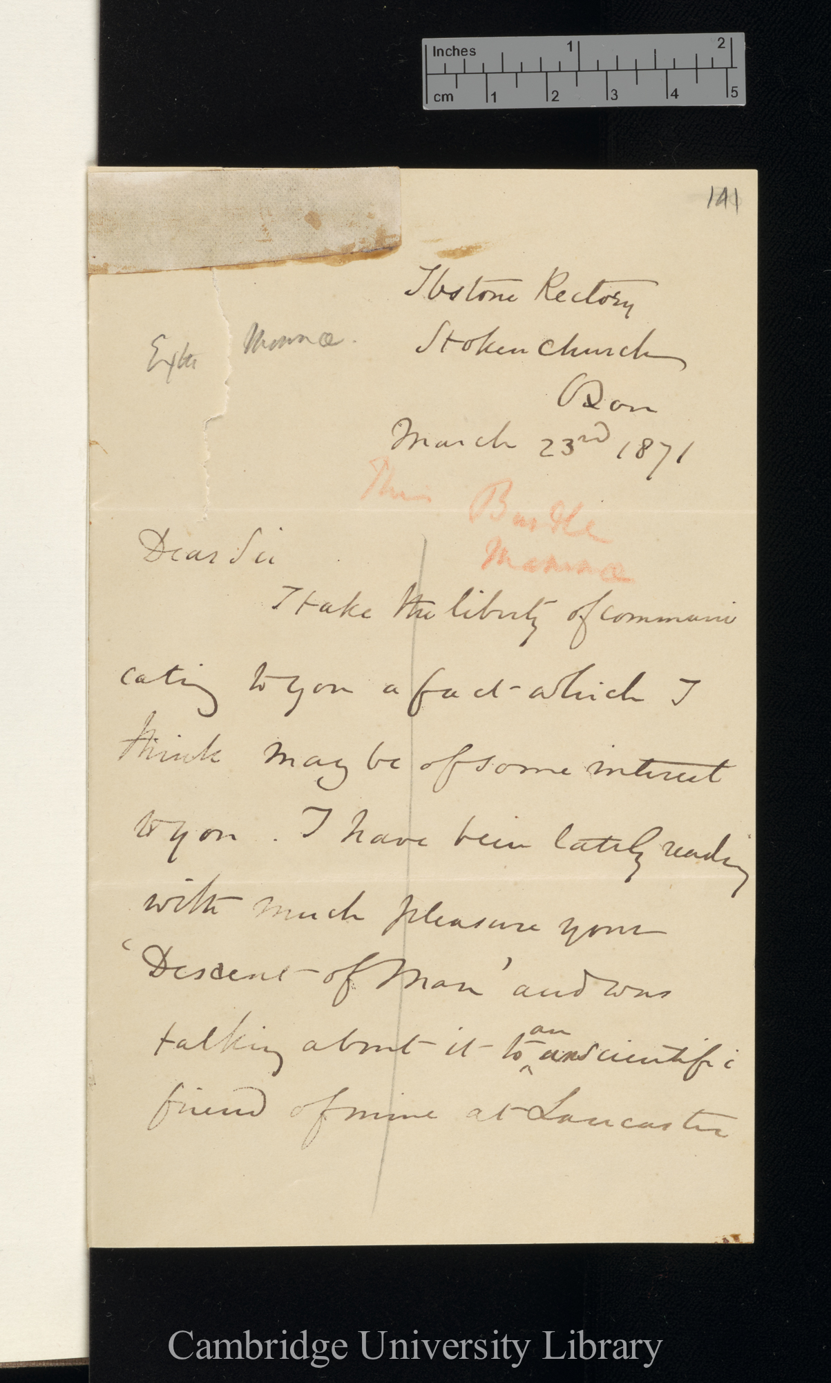 Richard Hill Tiddeman to Charles Robert Darwin