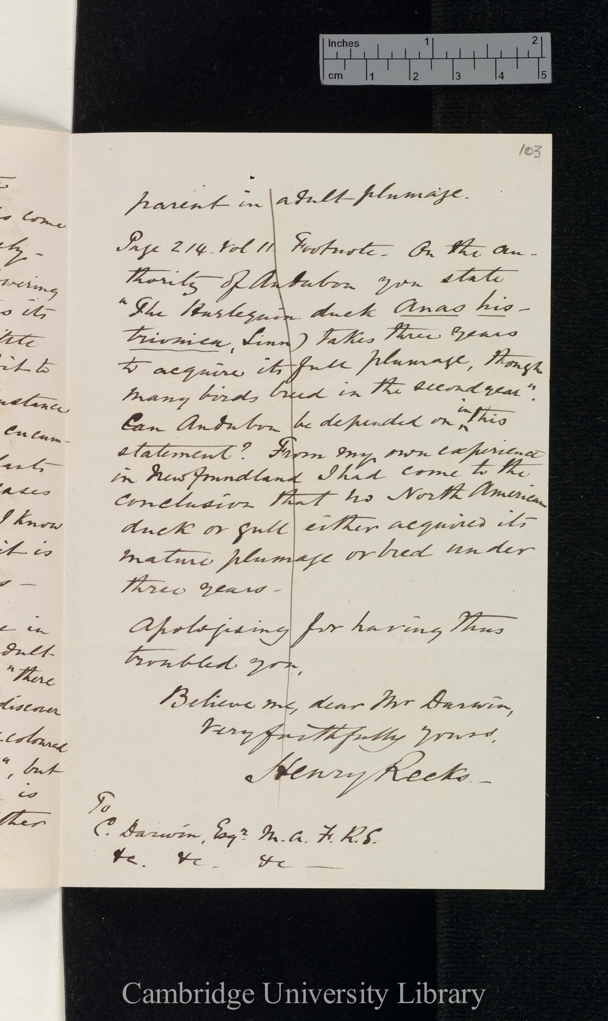 Henry Reeks to Charles Robert Darwin