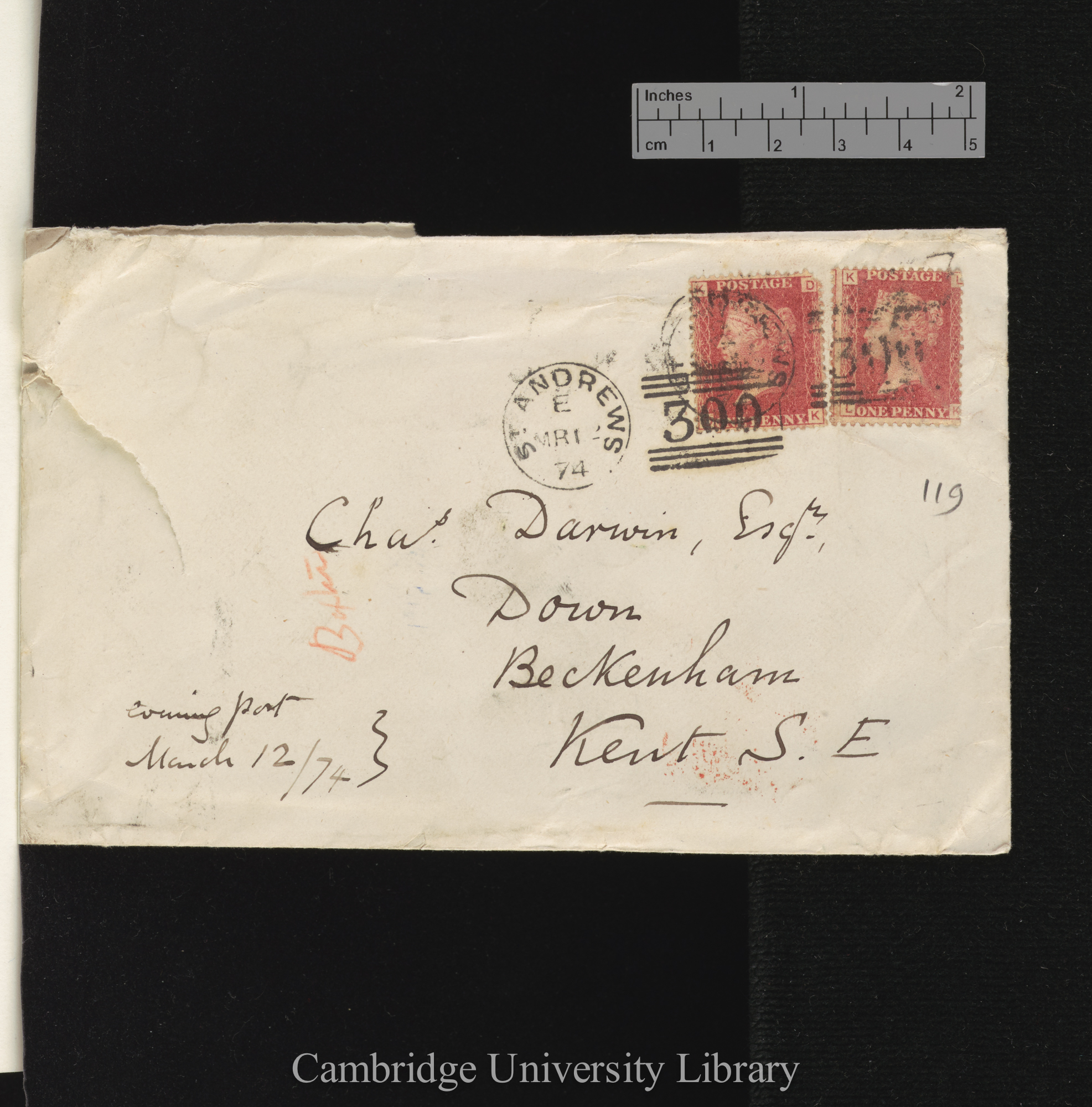 W N Massey to George Cupples [envelope]