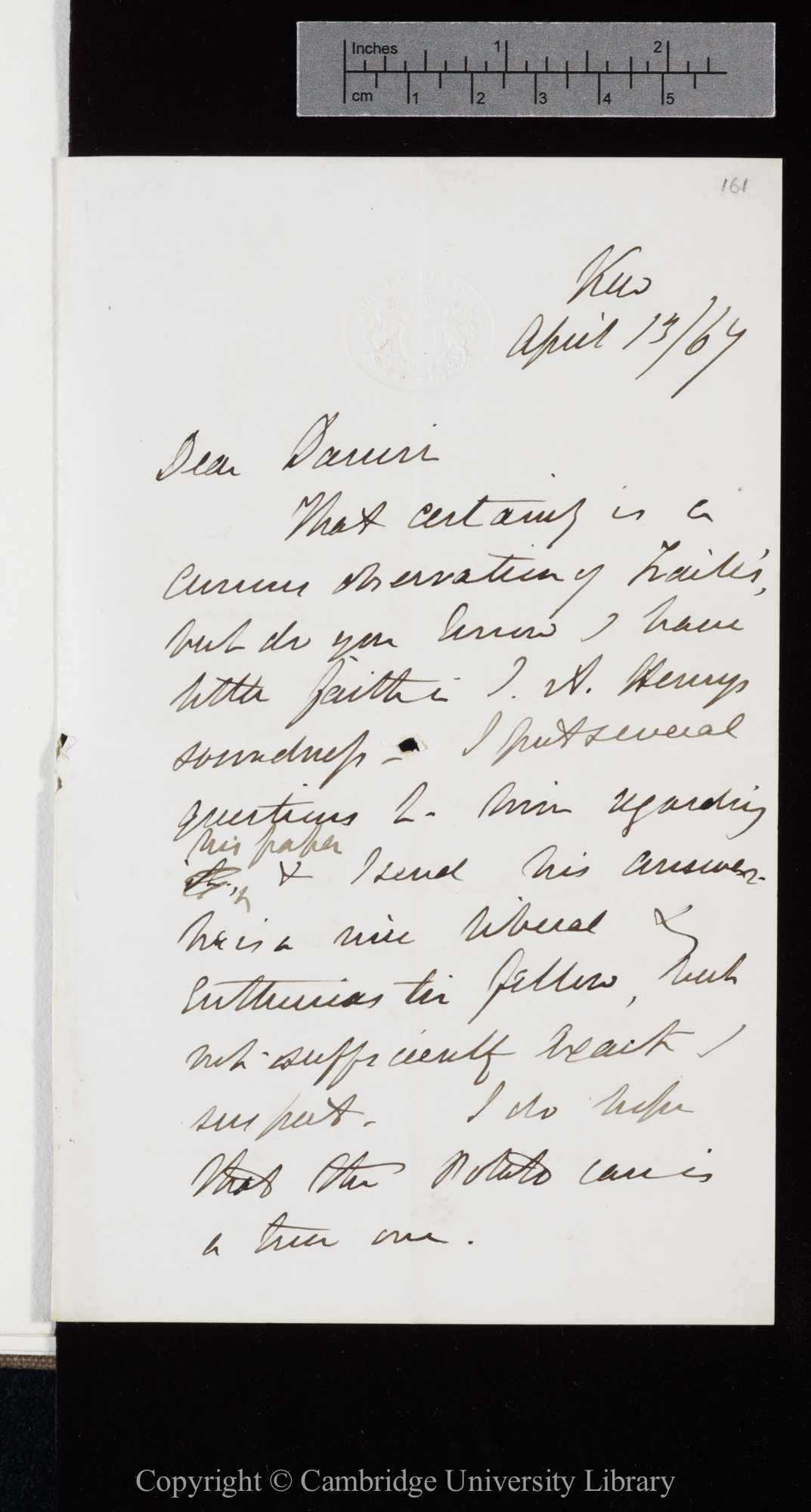 Letter from J. D. Hooker to C. R. Darwin   13 April 1867